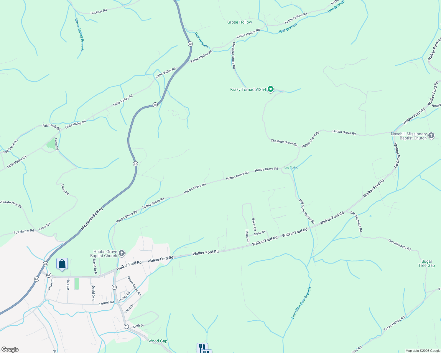 map of restaurants, bars, coffee shops, grocery stores, and more near 402 Hubbs Grove Road in Maynardville