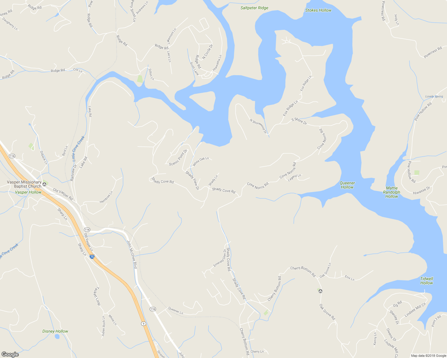 map of restaurants, bars, coffee shops, grocery stores, and more near 184 Shady Lane in Caryville