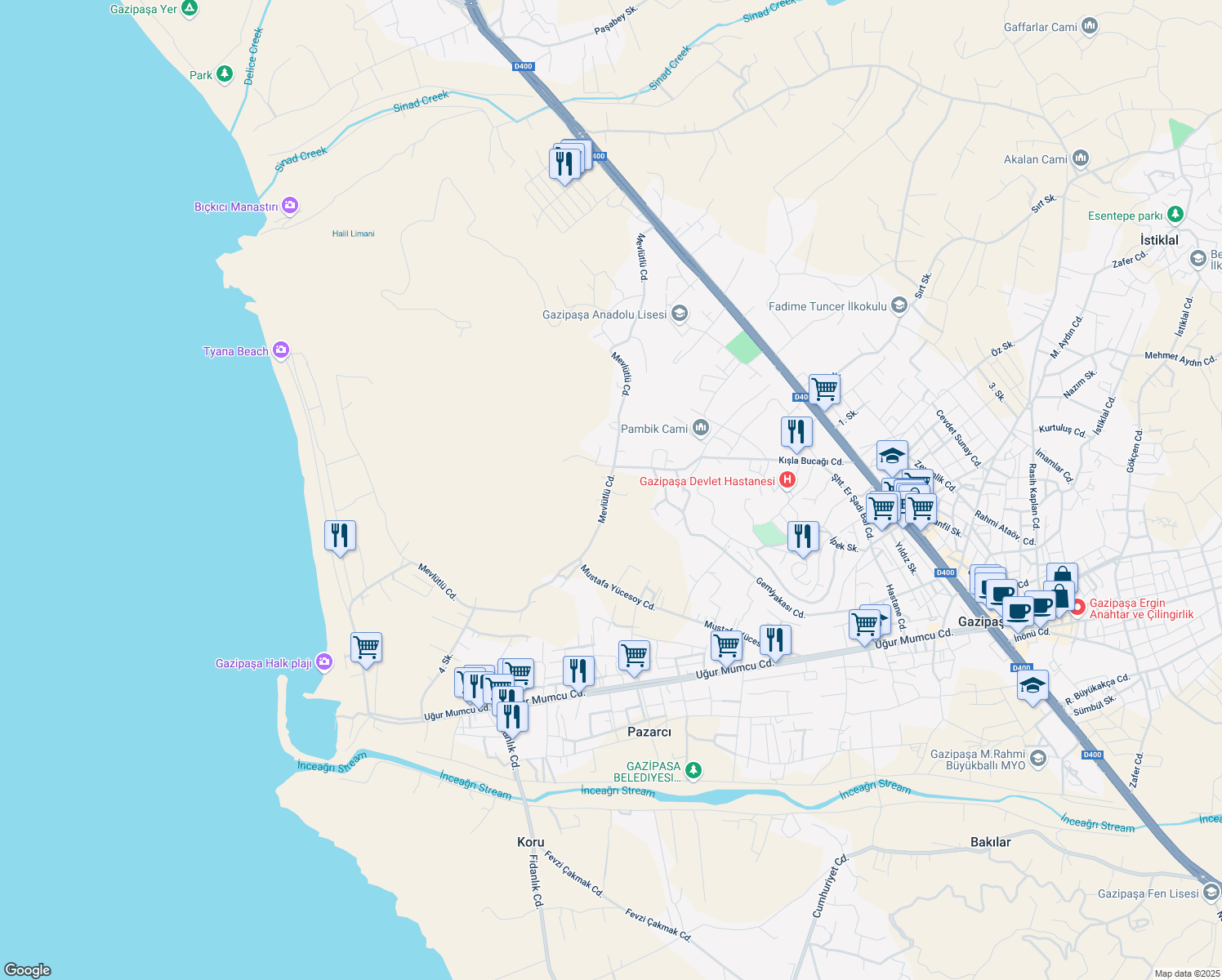 map of restaurants, bars, coffee shops, grocery stores, and more near 232 Mevlütlü Caddesi in Gazipaşa