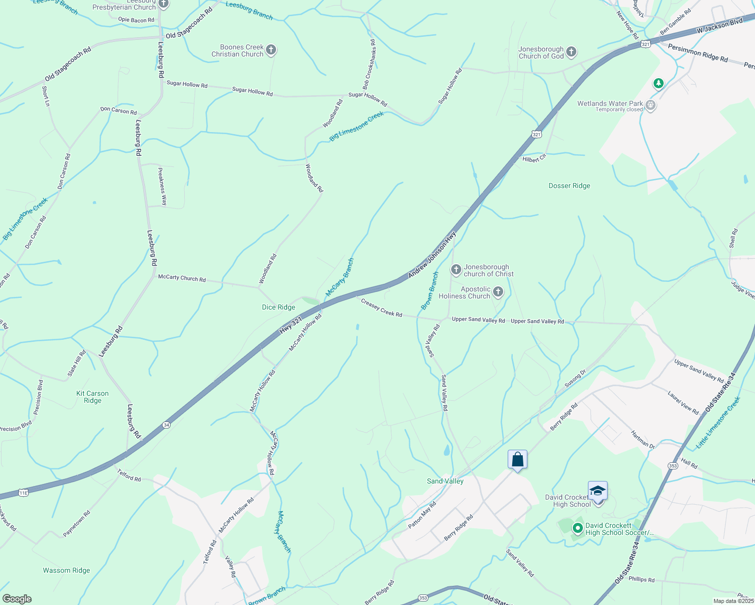 map of restaurants, bars, coffee shops, grocery stores, and more near 130 Creasey Creek Road in Jonesborough