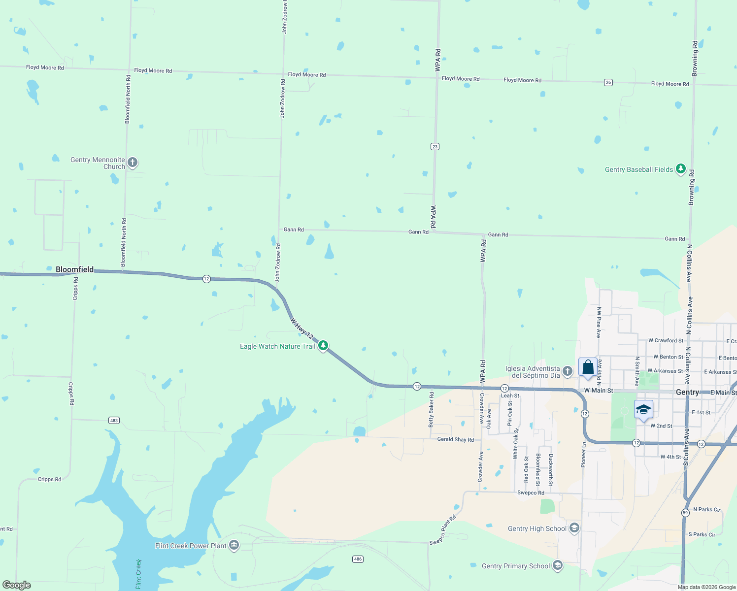 map of restaurants, bars, coffee shops, grocery stores, and more near 21609 Gann Road in Gentry