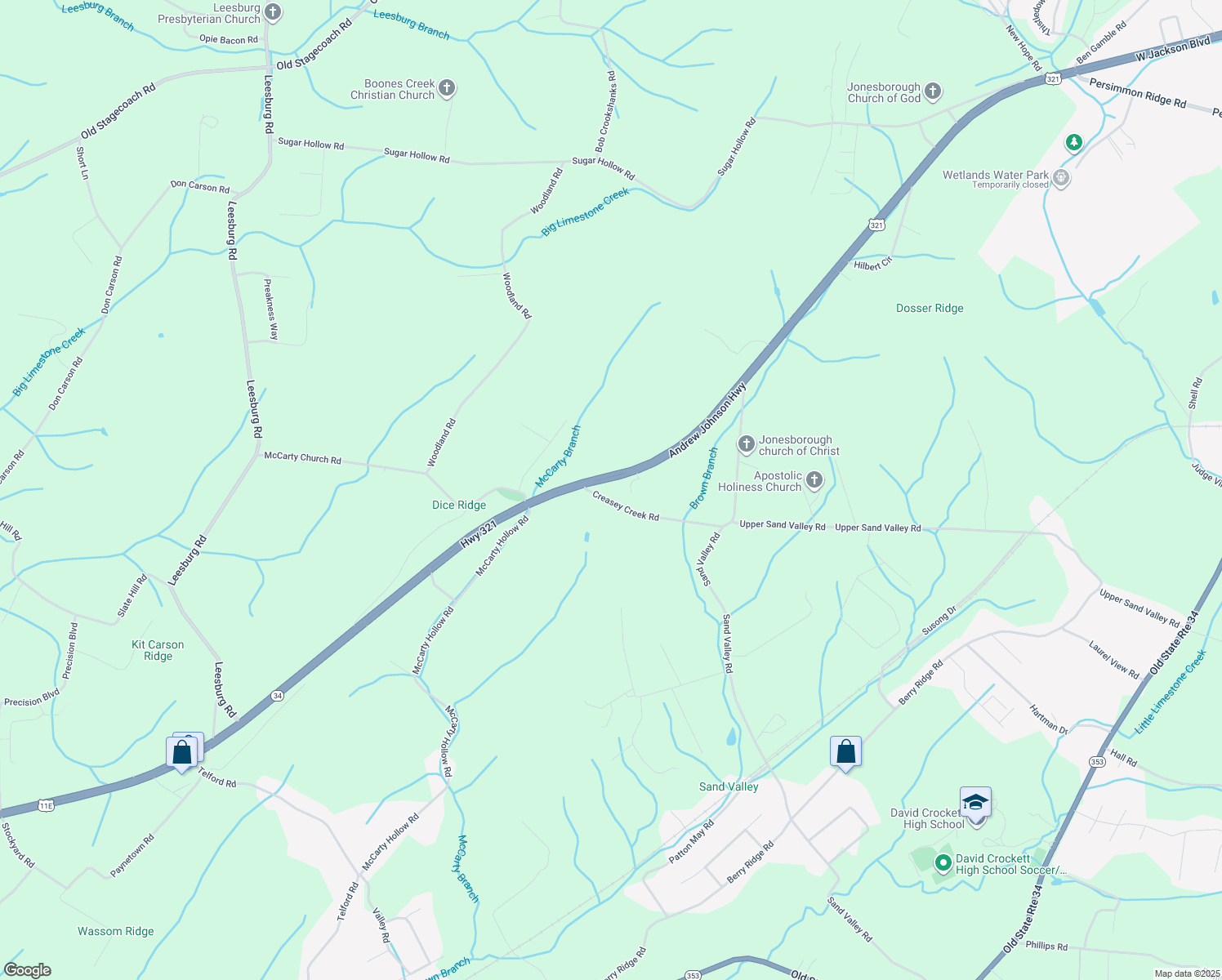 map of restaurants, bars, coffee shops, grocery stores, and more near 130 Creasey Creek Road in Jonesborough