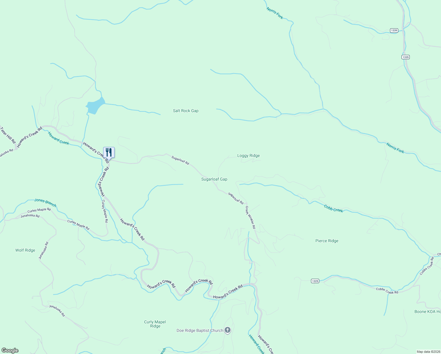 map of restaurants, bars, coffee shops, grocery stores, and more near 137 Knob Hill Road in Boone
