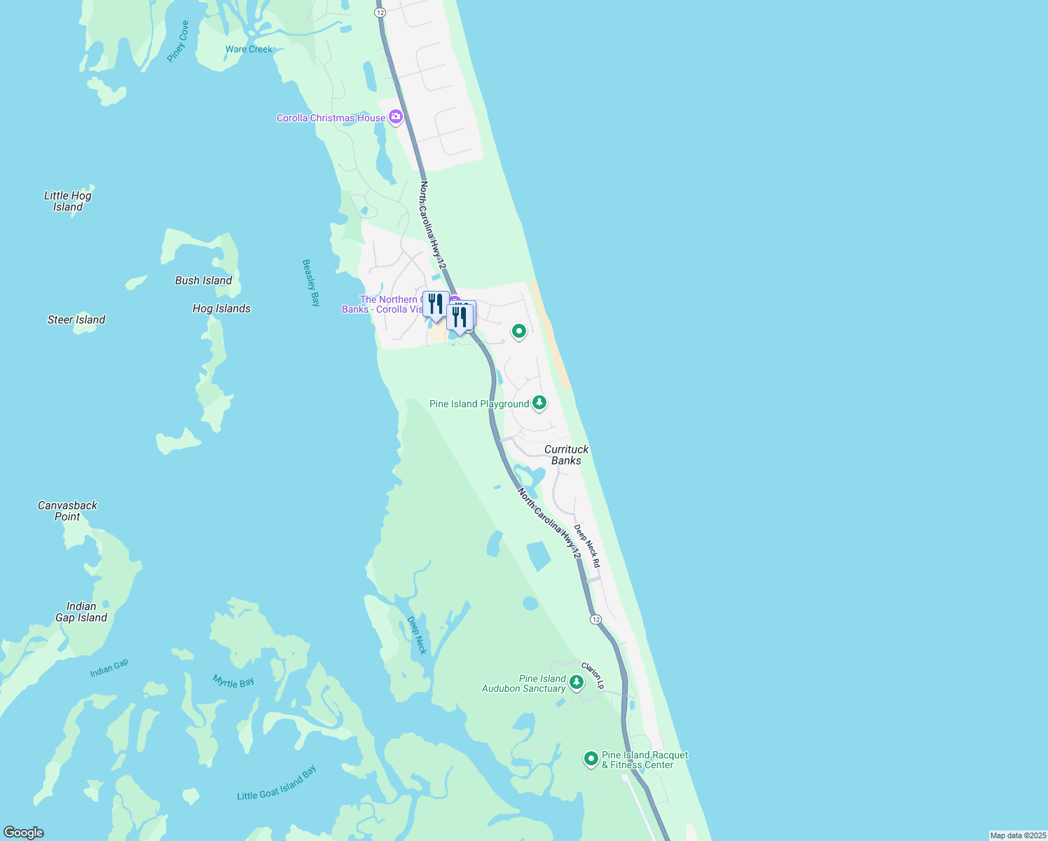 map of restaurants, bars, coffee shops, grocery stores, and more near 461 North Cove Road in Corolla