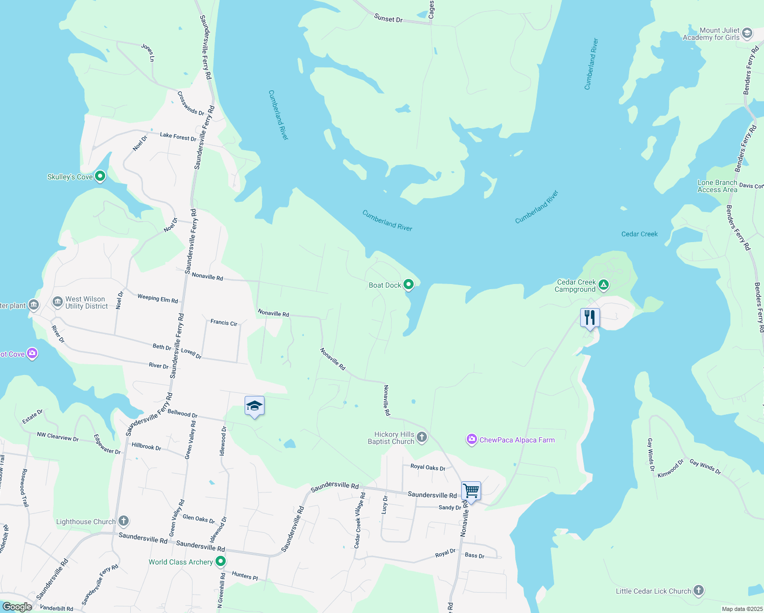 map of restaurants, bars, coffee shops, grocery stores, and more near 1035 Singing Springs Rd in Mt Juliet