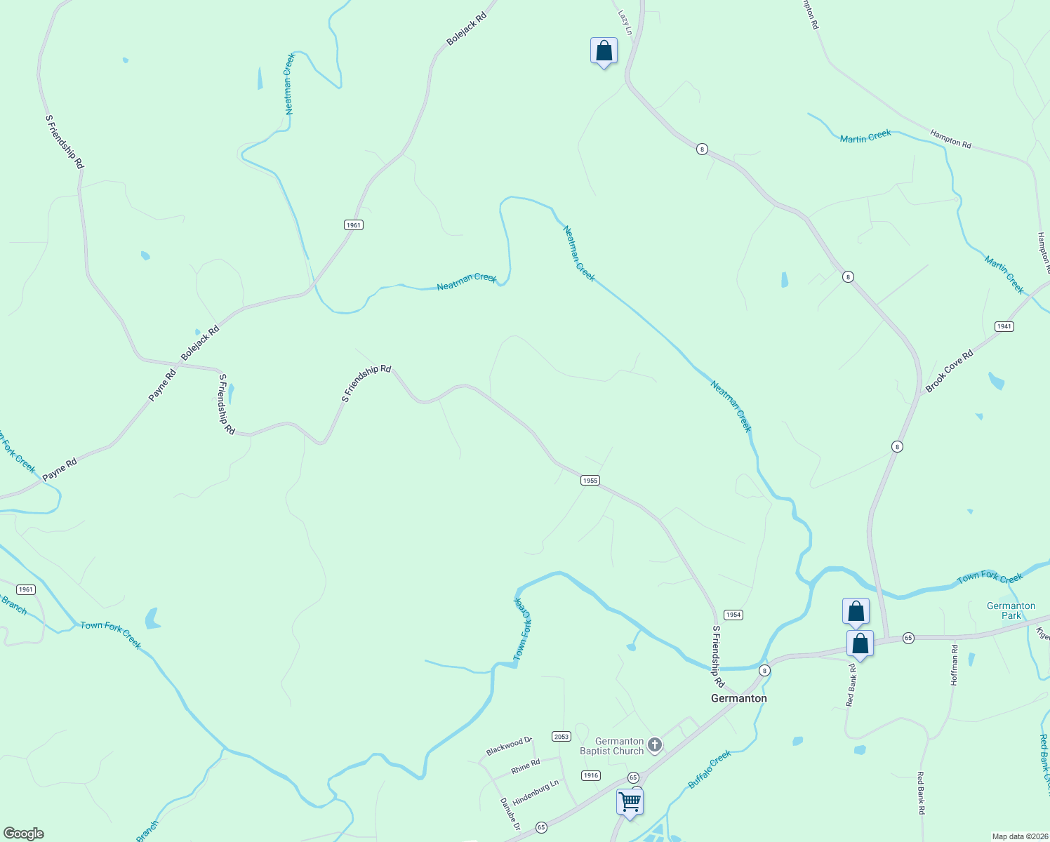 map of restaurants, bars, coffee shops, grocery stores, and more near 3246 South Friendship Road in Germanton