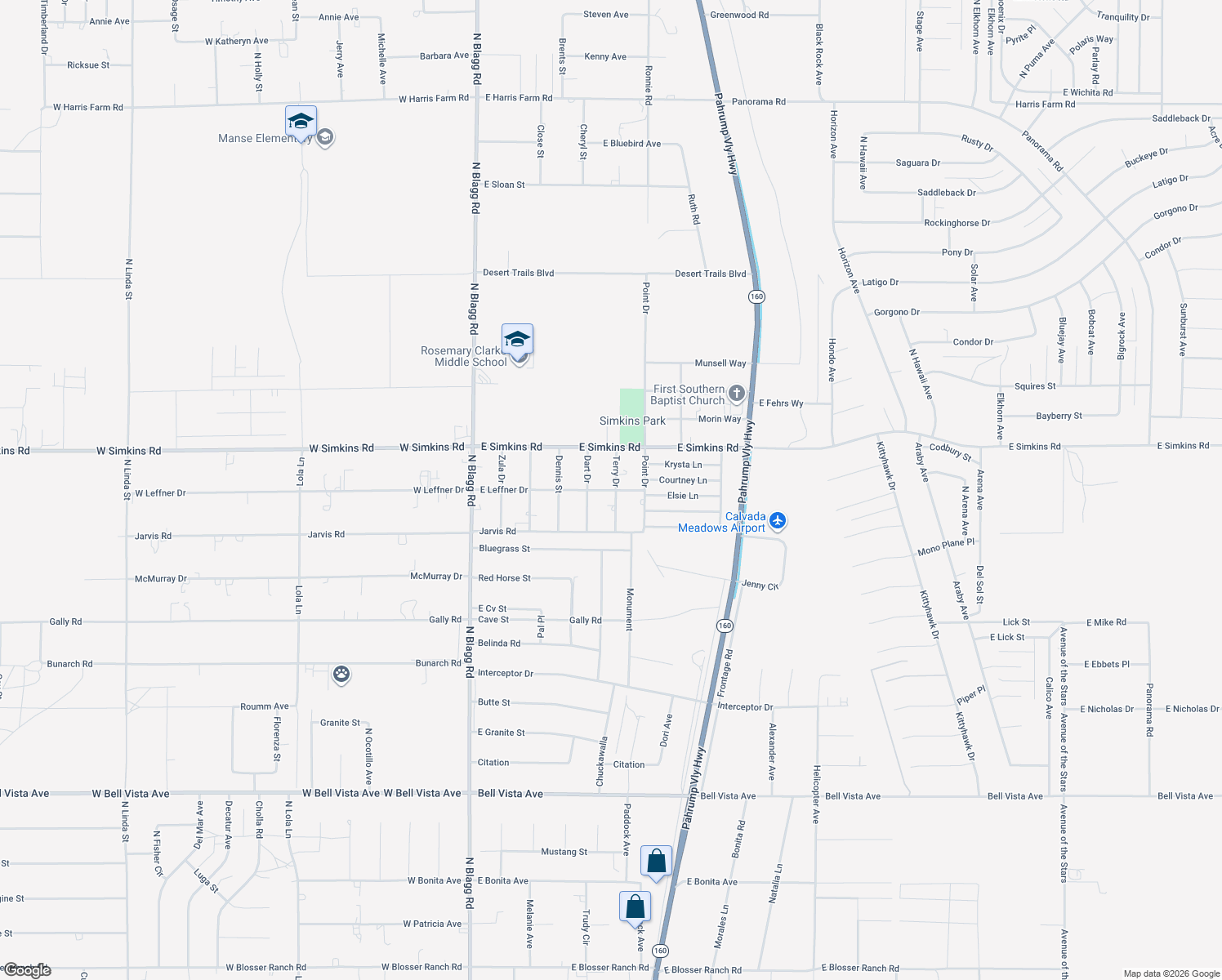 map of restaurants, bars, coffee shops, grocery stores, and more near 480 East Leffner Drive in Pahrump