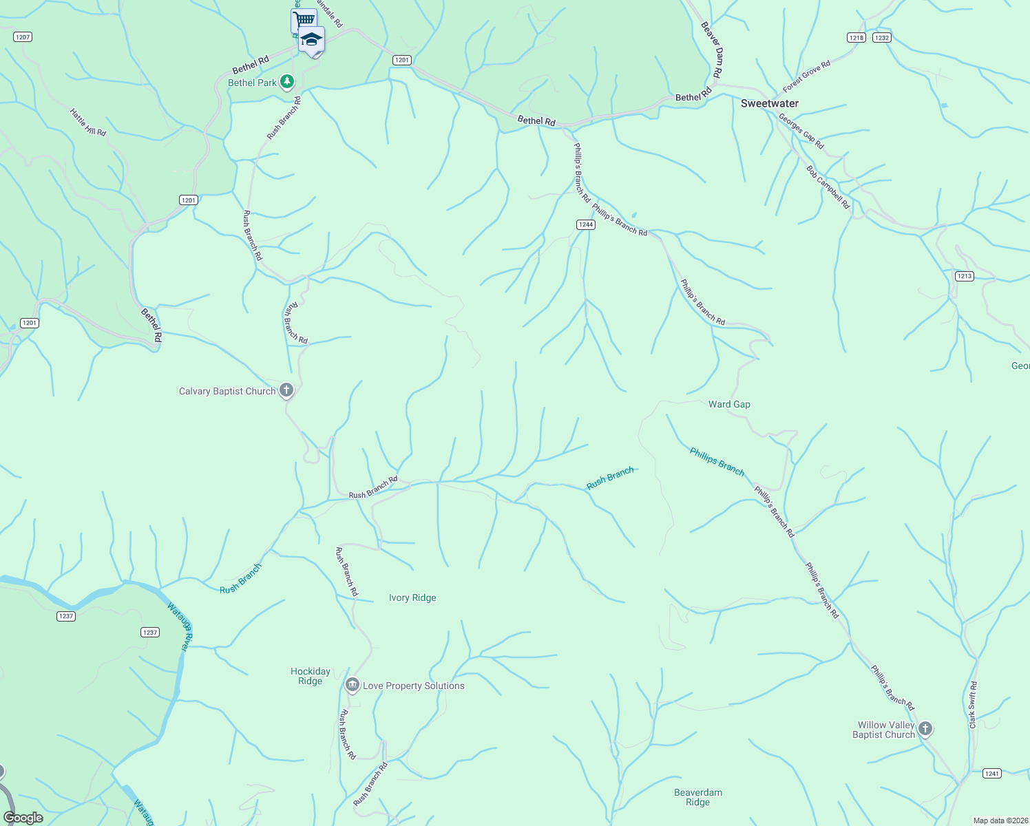 map of restaurants, bars, coffee shops, grocery stores, and more near 581 Will Glenn Road in Sugar Grove
