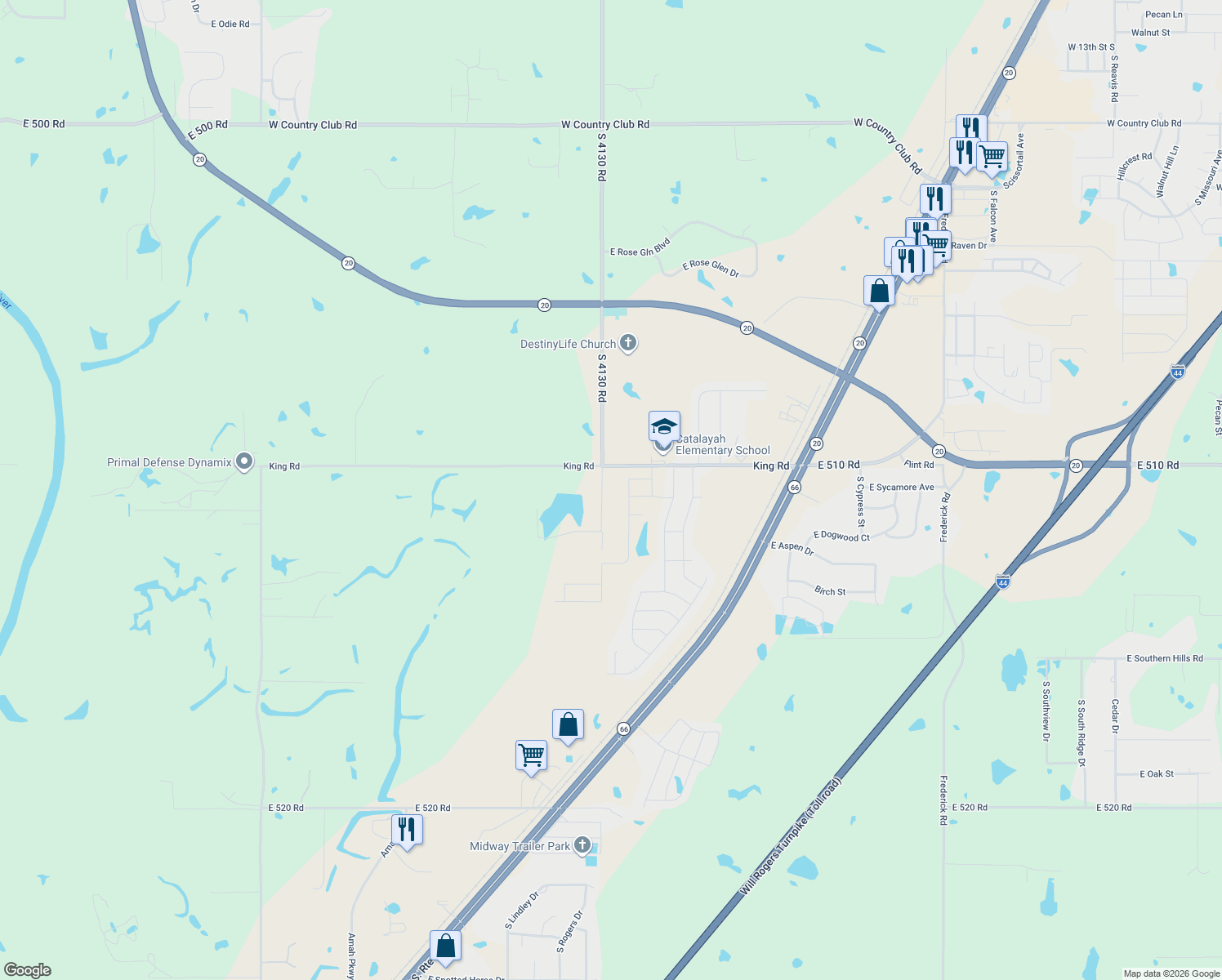 map of restaurants, bars, coffee shops, grocery stores, and more near 23019 South 4130 Road in Claremore