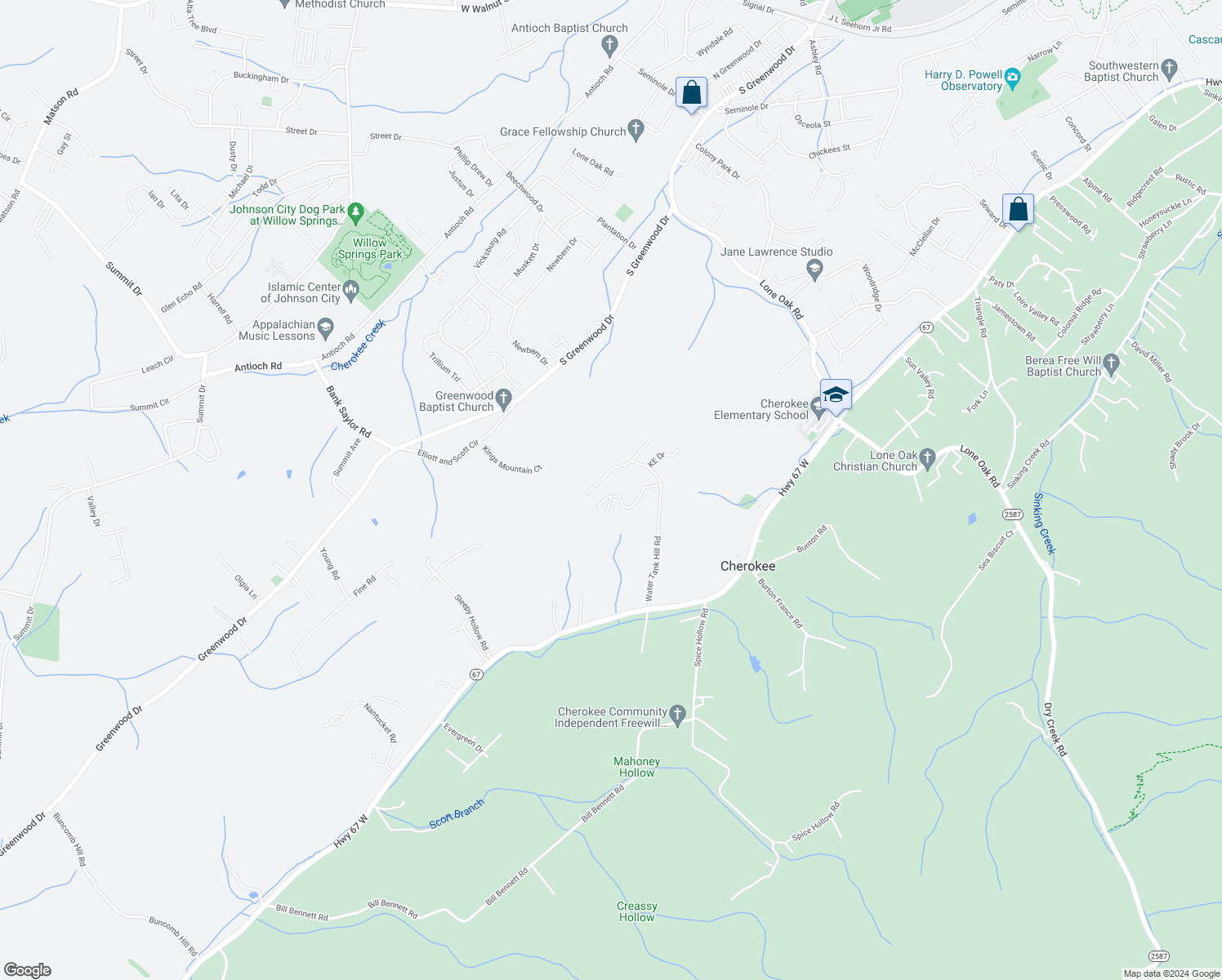 map of restaurants, bars, coffee shops, grocery stores, and more near 150 Thomas and Webb Road in Johnson City