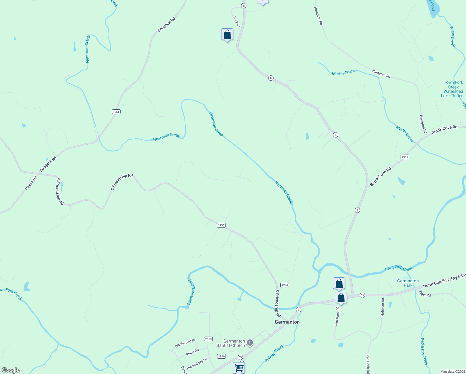 map of restaurants, bars, coffee shops, grocery stores, and more near 1001-1363 Boles Road in Germanton
