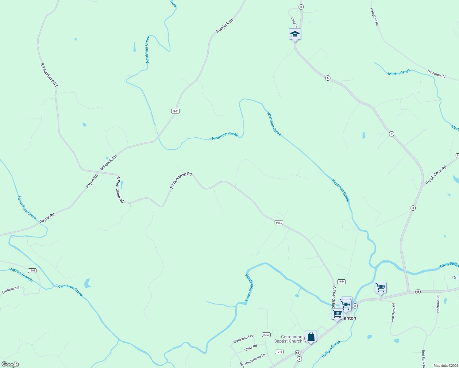 map of restaurants, bars, coffee shops, grocery stores, and more near 1001 Boles Road in Germanton