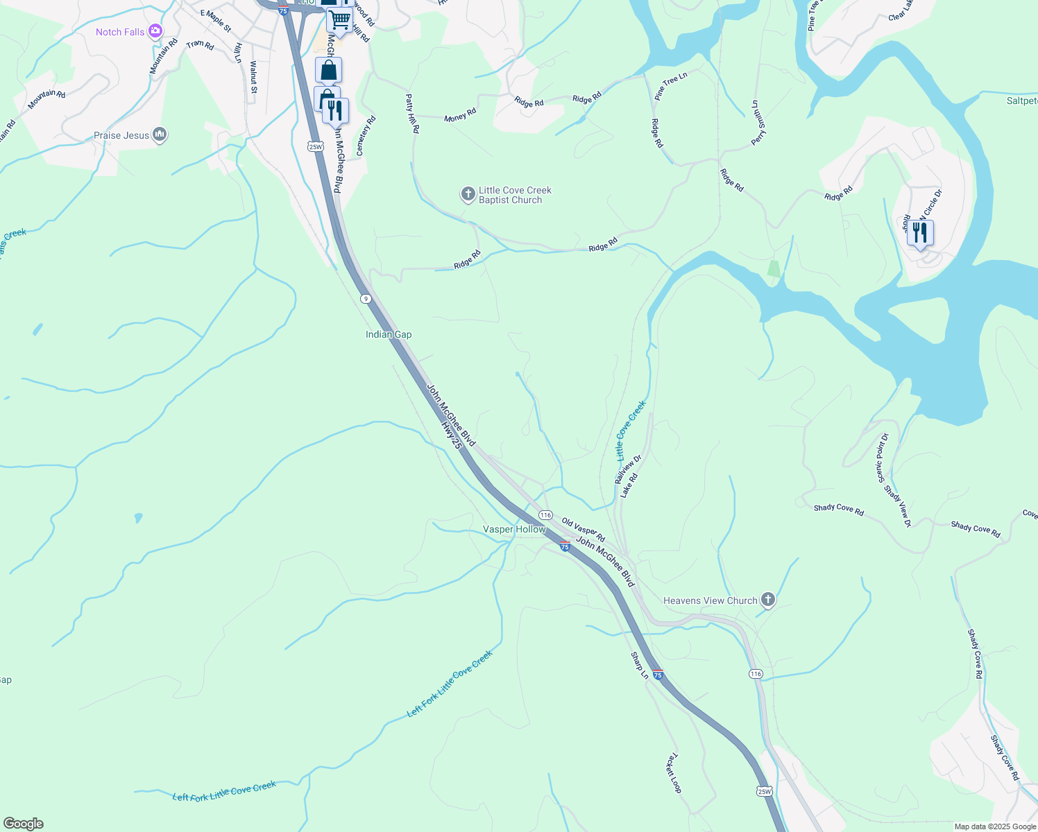 map of restaurants, bars, coffee shops, grocery stores, and more near 279 Dilbeck Ln in Caryville