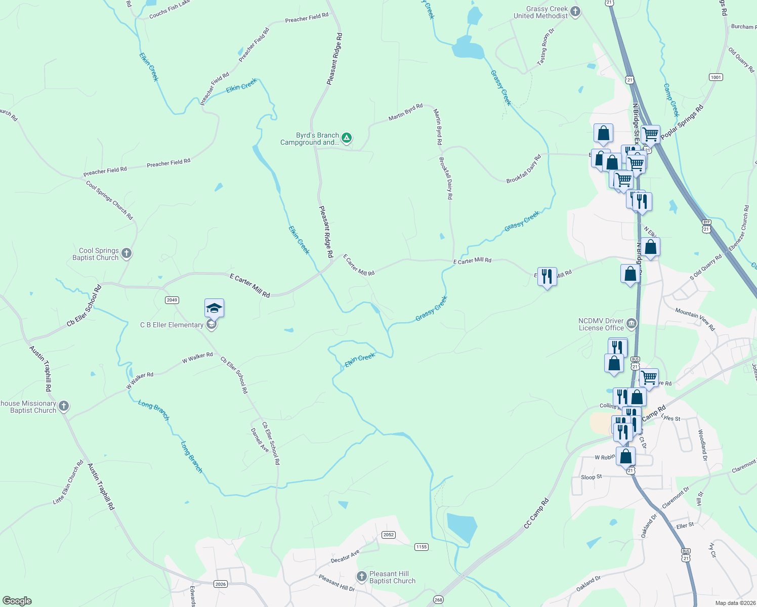 map of restaurants, bars, coffee shops, grocery stores, and more near 324 Elkin Creek Mill Road in Elkin