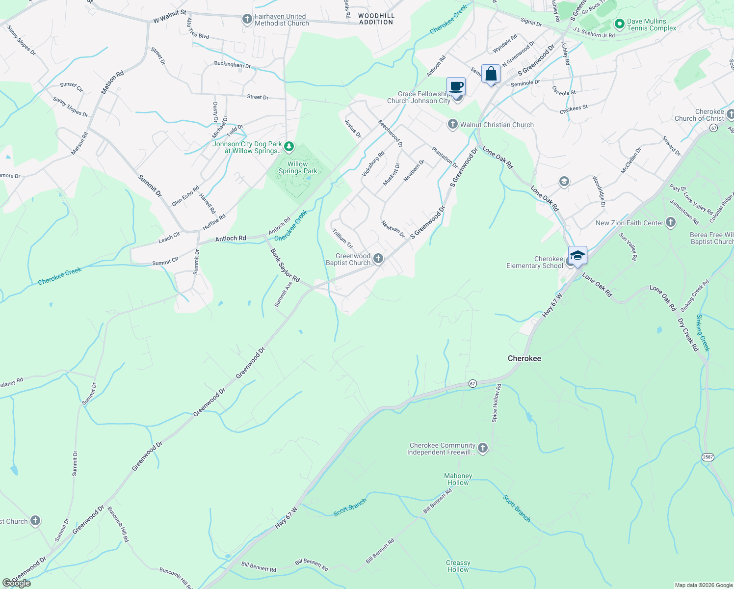 map of restaurants, bars, coffee shops, grocery stores, and more near 112 Kings Mountain Court in Johnson City