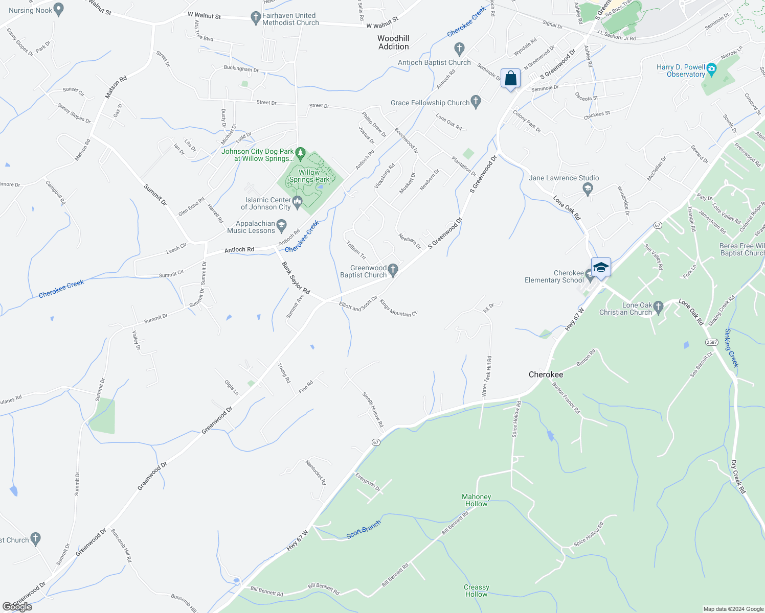 map of restaurants, bars, coffee shops, grocery stores, and more near 112 Kings Mountain Court in Johnson City