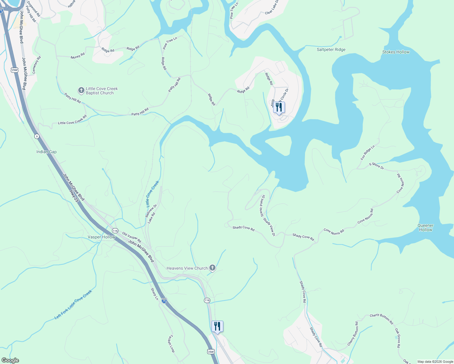 map of restaurants, bars, coffee shops, grocery stores, and more near 136 Windover Lane in Caryville