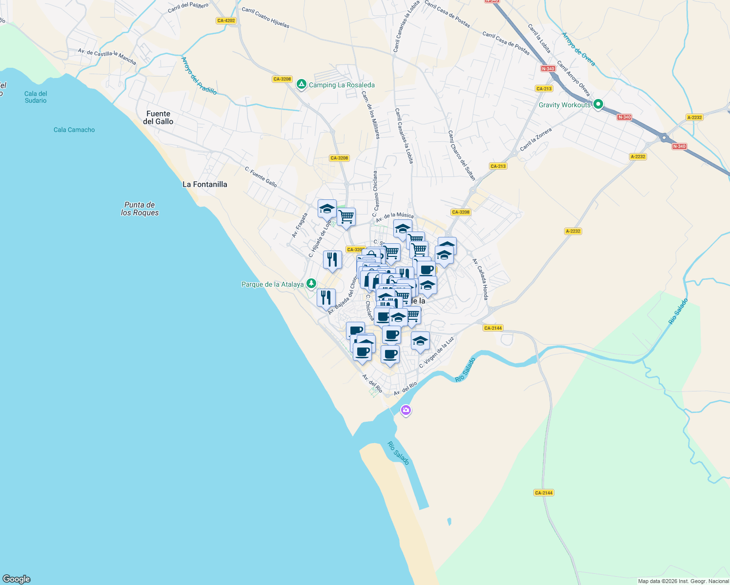 map of restaurants, bars, coffee shops, grocery stores, and more near 2 Calle la Prensa in Conil de la Frontera