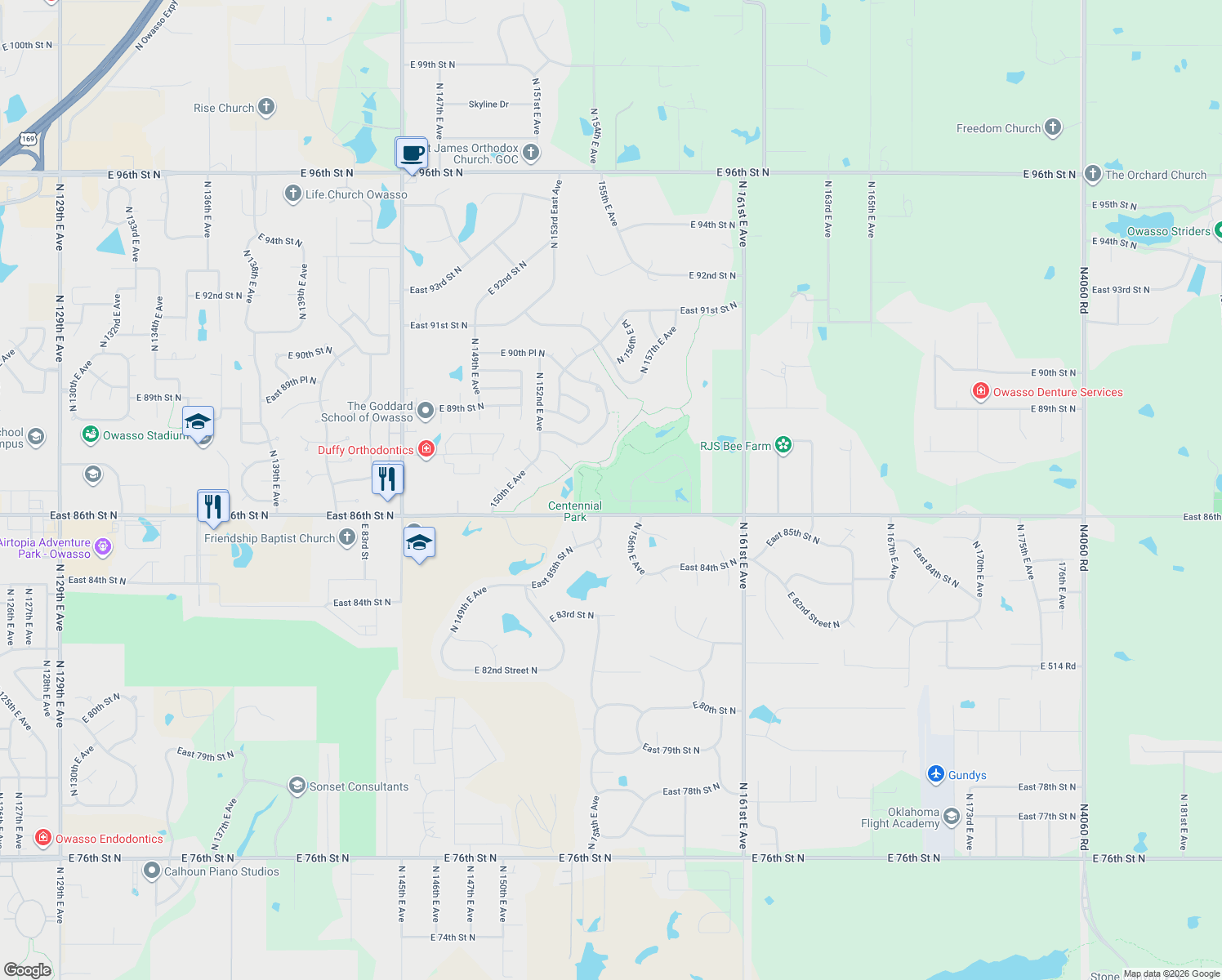 map of restaurants, bars, coffee shops, grocery stores, and more near 15416 East 87th Street North in Owasso