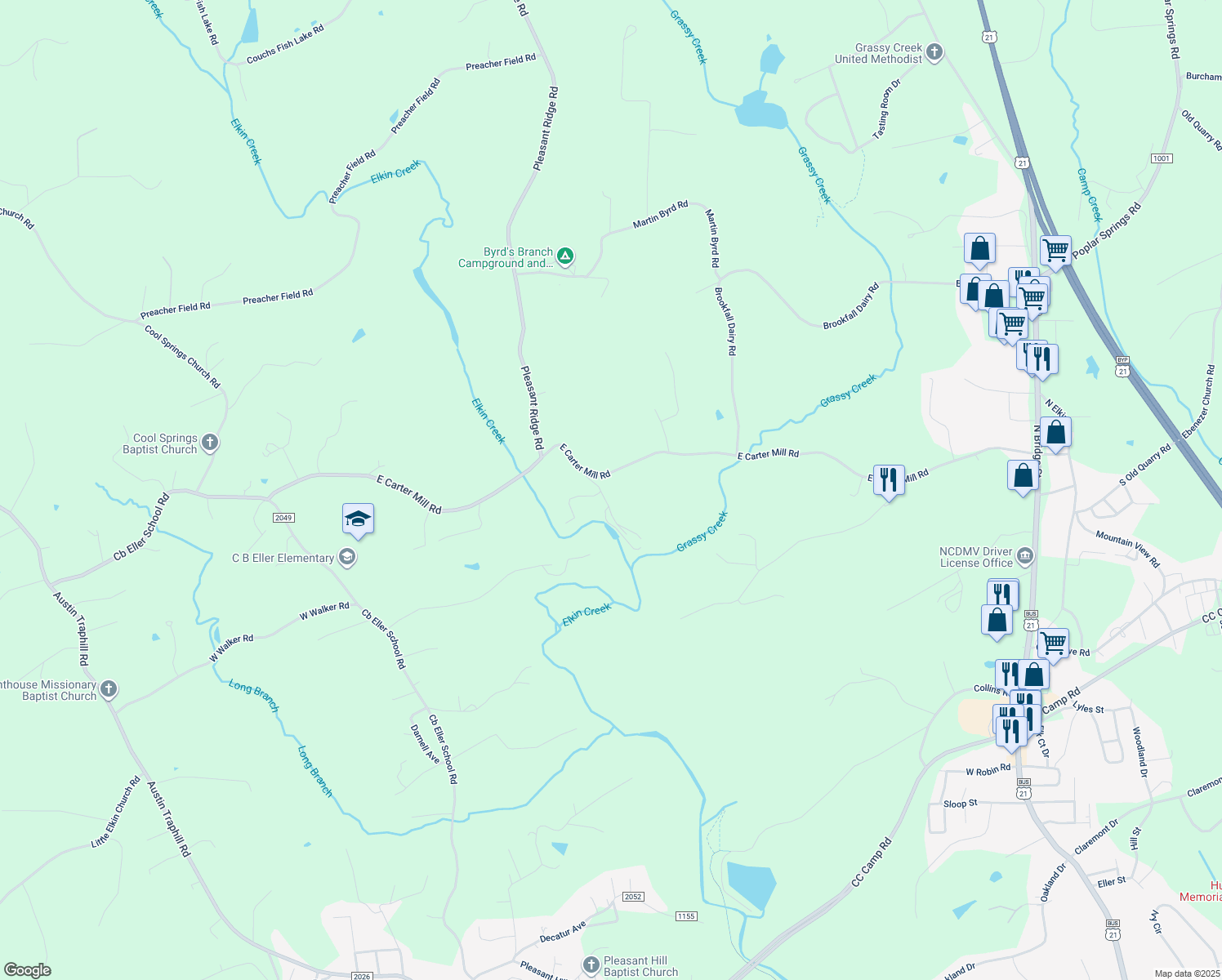 map of restaurants, bars, coffee shops, grocery stores, and more near 1082 East Carter Mill Road in Elkin