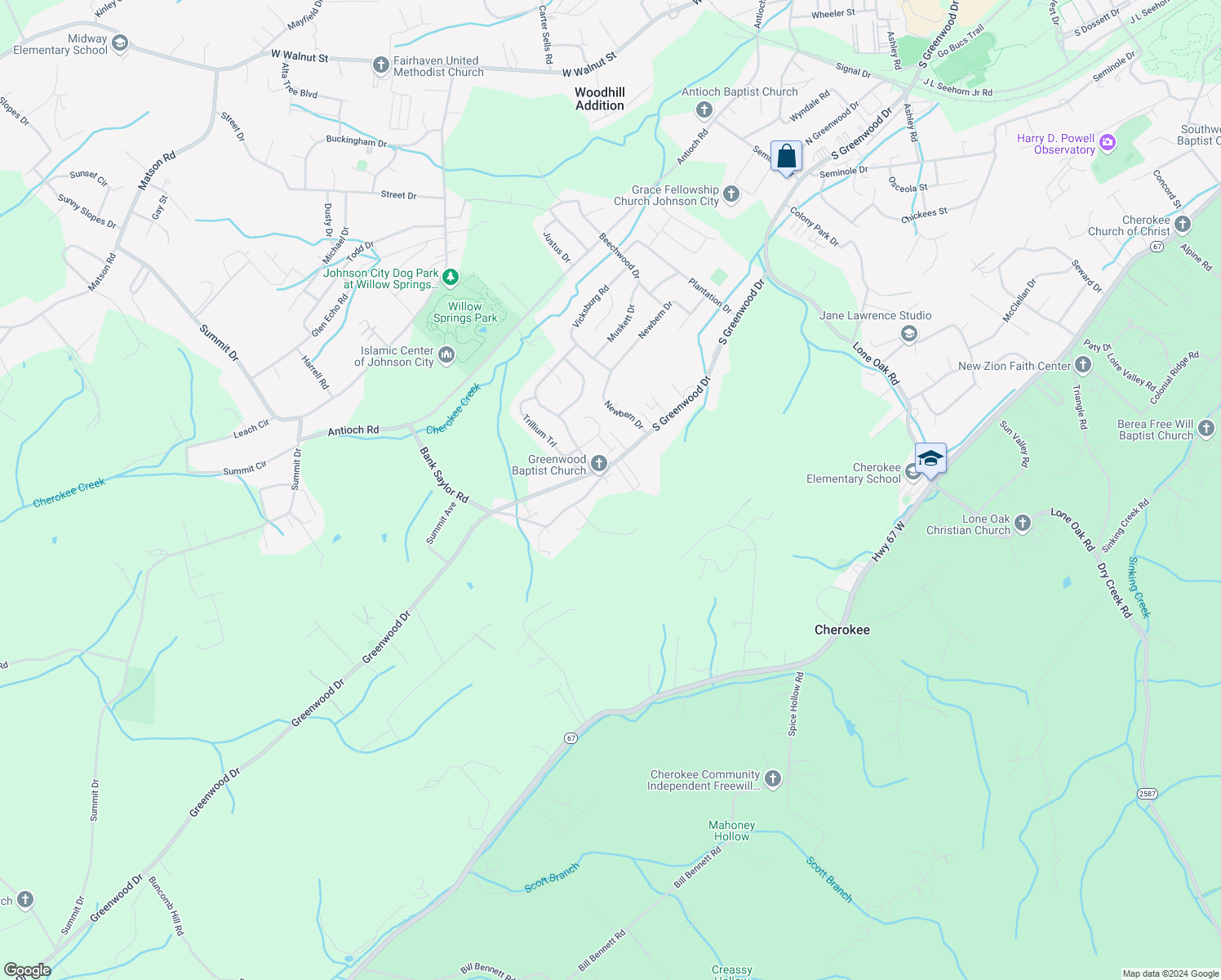 map of restaurants, bars, coffee shops, grocery stores, and more near 103 Elliott and Scott Circle in Johnson City