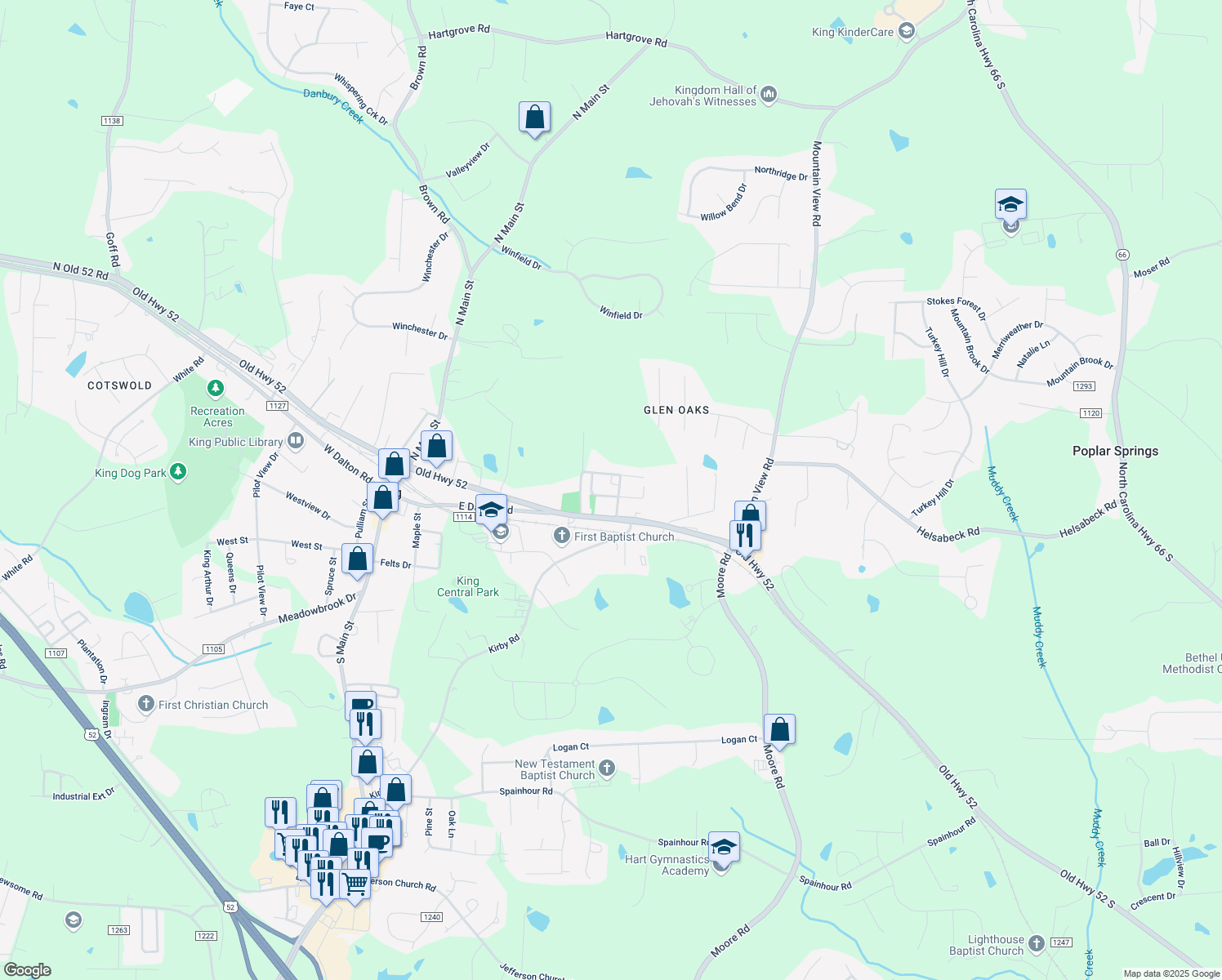 map of restaurants, bars, coffee shops, grocery stores, and more near 201 Church Street in King