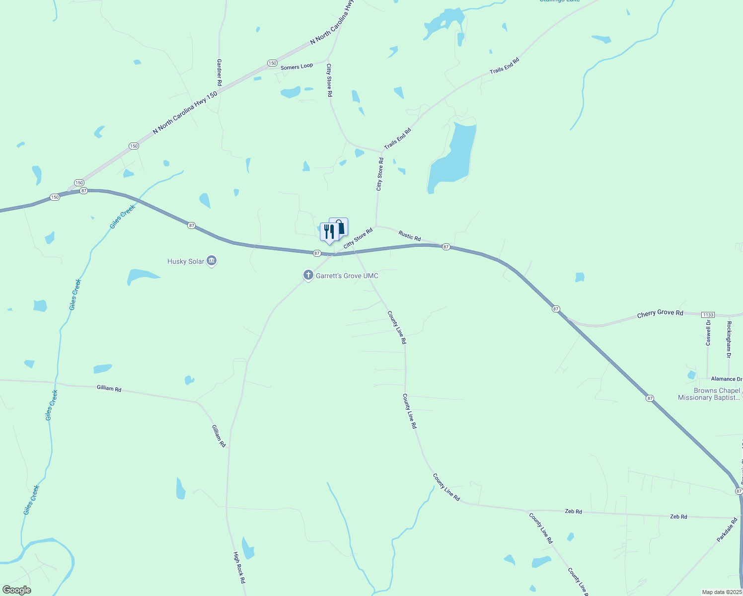 map of restaurants, bars, coffee shops, grocery stores, and more near 250 County Line Road in Reidsville