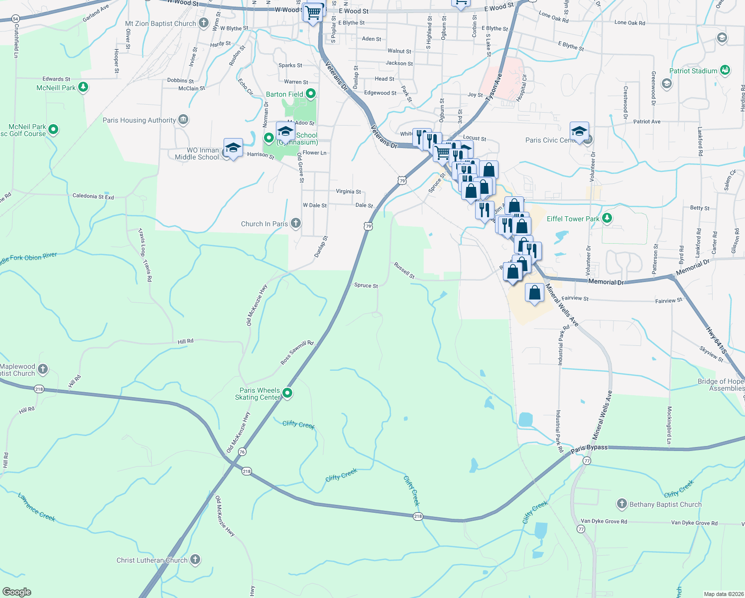 map of restaurants, bars, coffee shops, grocery stores, and more near 305 Whiskey Ridge Rd in Paris