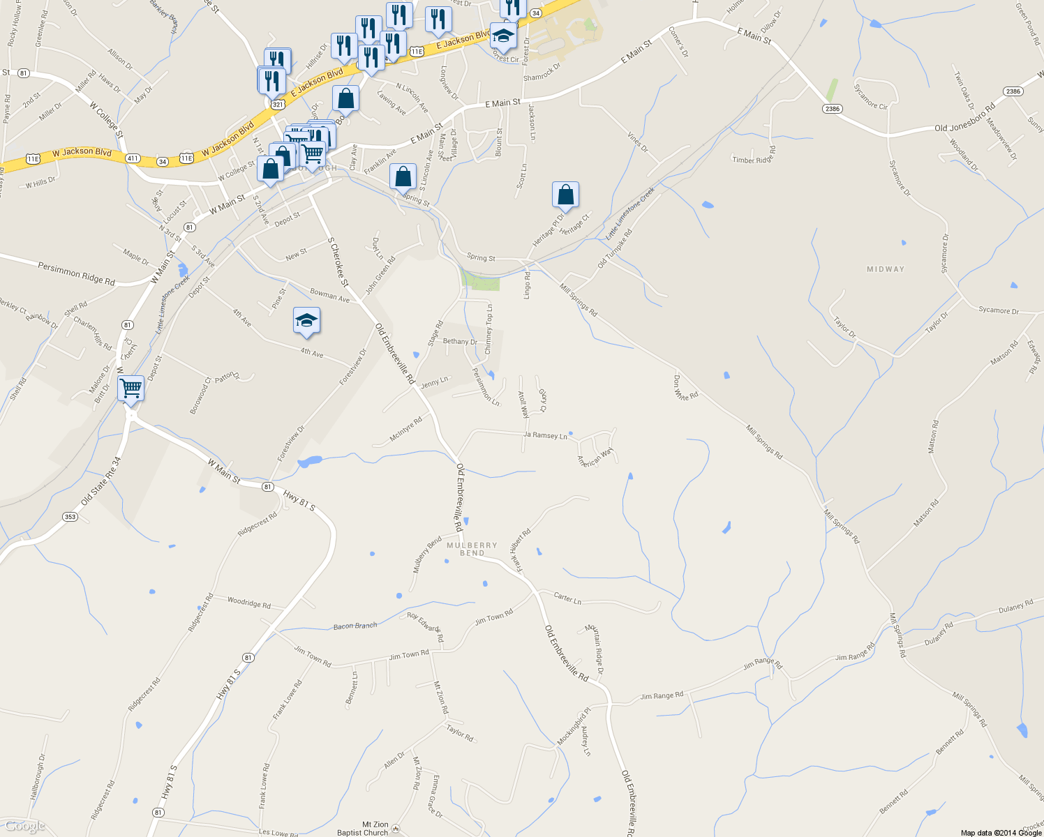map of restaurants, bars, coffee shops, grocery stores, and more near 57 Atoll Way in Jonesborough