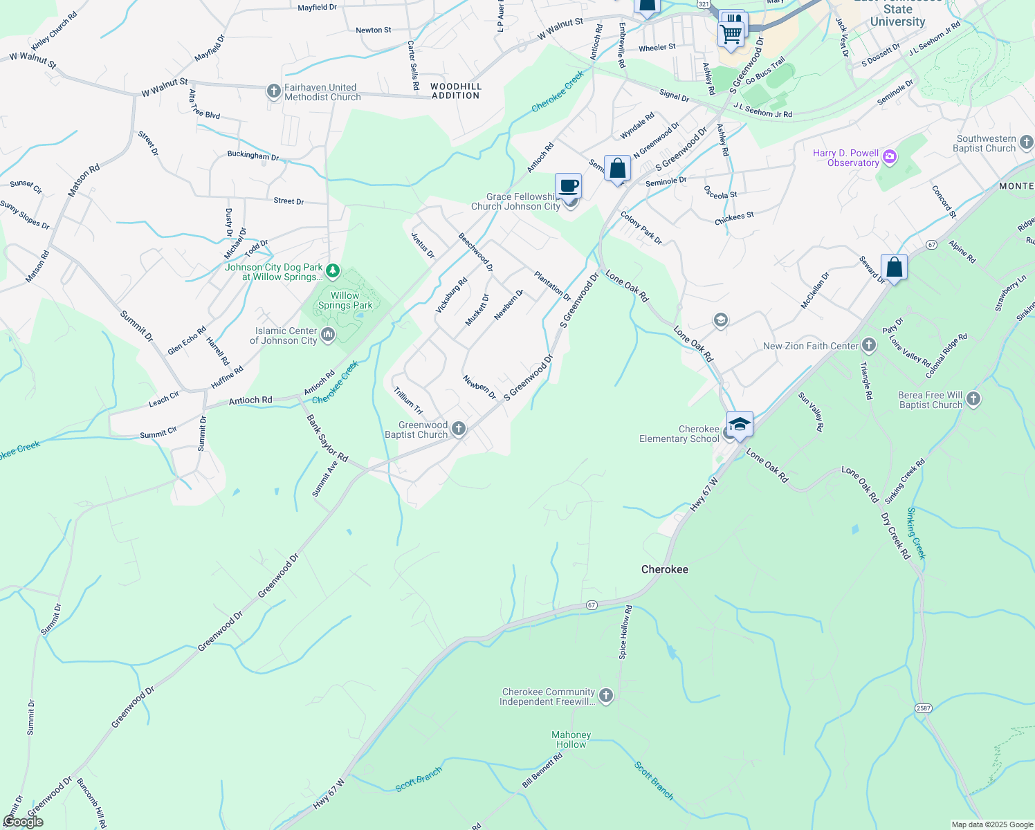 map of restaurants, bars, coffee shops, grocery stores, and more near 2917 South Greenwood Drive in Johnson City