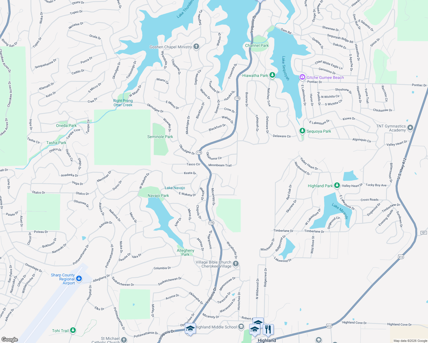 map of restaurants, bars, coffee shops, grocery stores, and more near 29 Odessa Drive in Cherokee Village