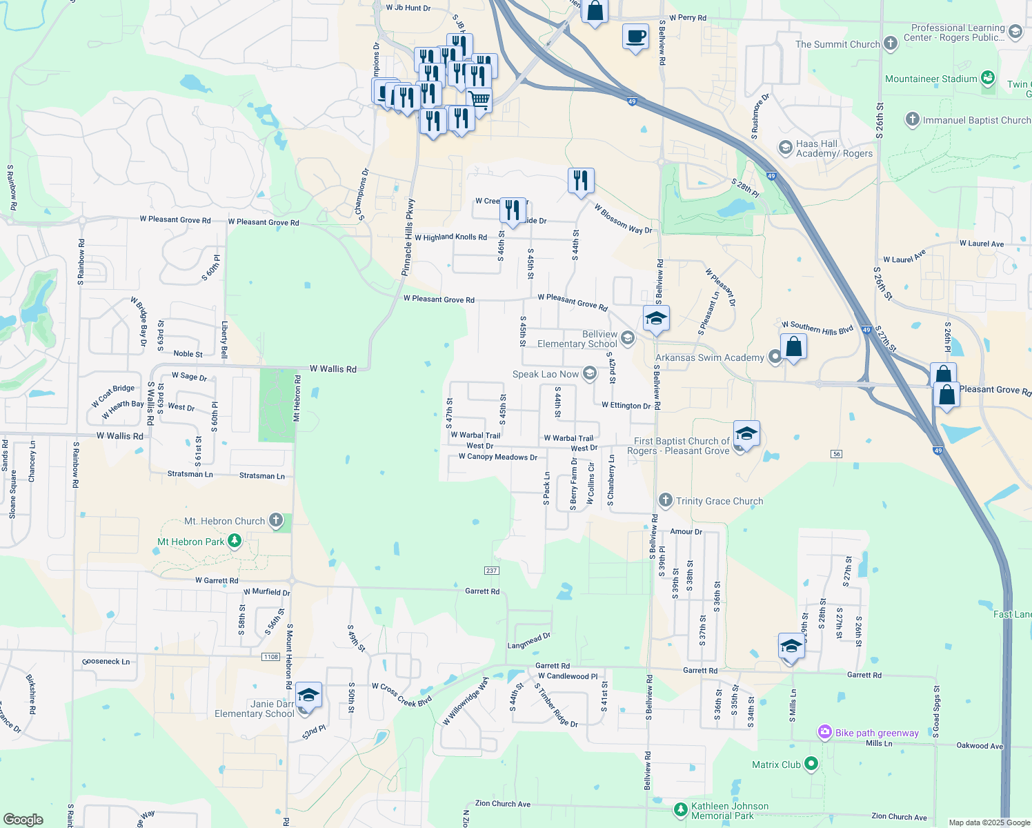 map of restaurants, bars, coffee shops, grocery stores, and more near 5500 South 45th Court in Rogers
