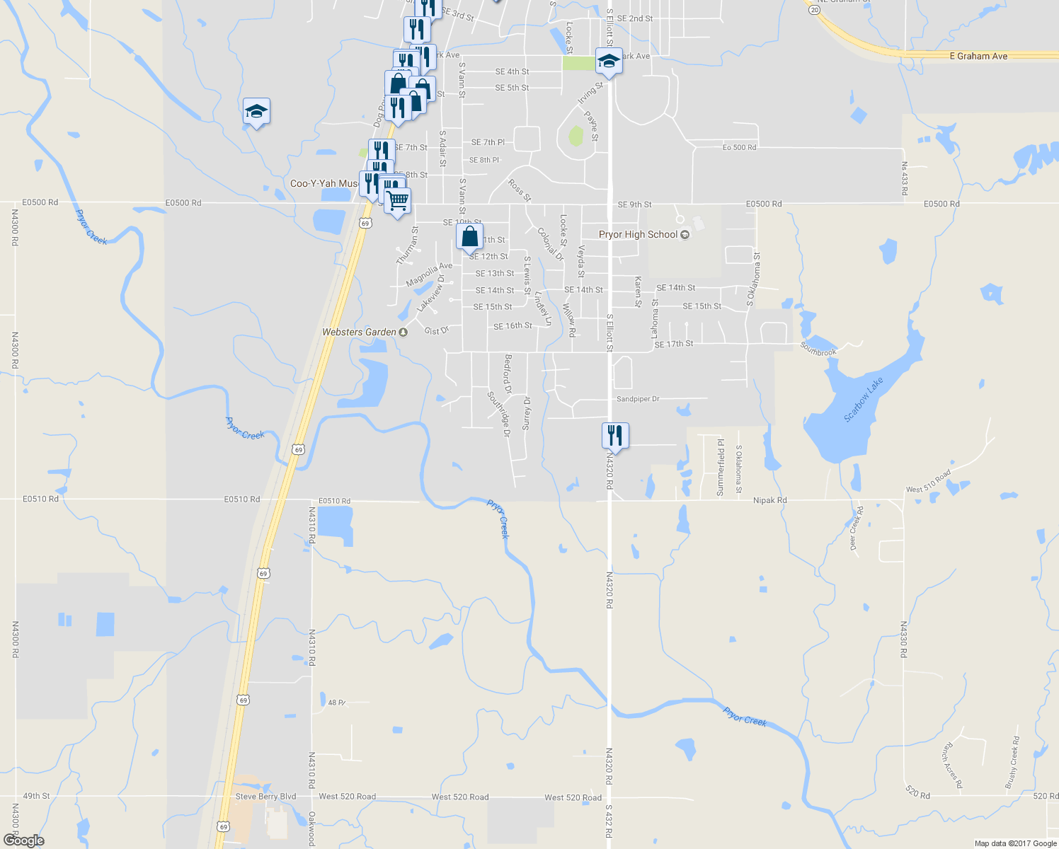 map of restaurants, bars, coffee shops, grocery stores, and more near 1825 Surrey Drive in Pryor