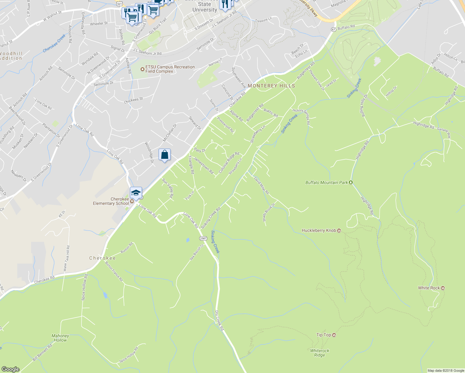 map of restaurants, bars, coffee shops, grocery stores, and more near 2422 Sinking Creek Road in Johnson City