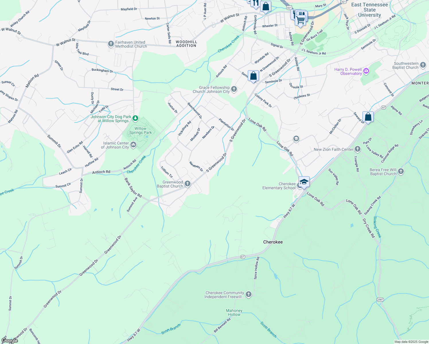 map of restaurants, bars, coffee shops, grocery stores, and more near 2917 South Greenwood Drive in Johnson City