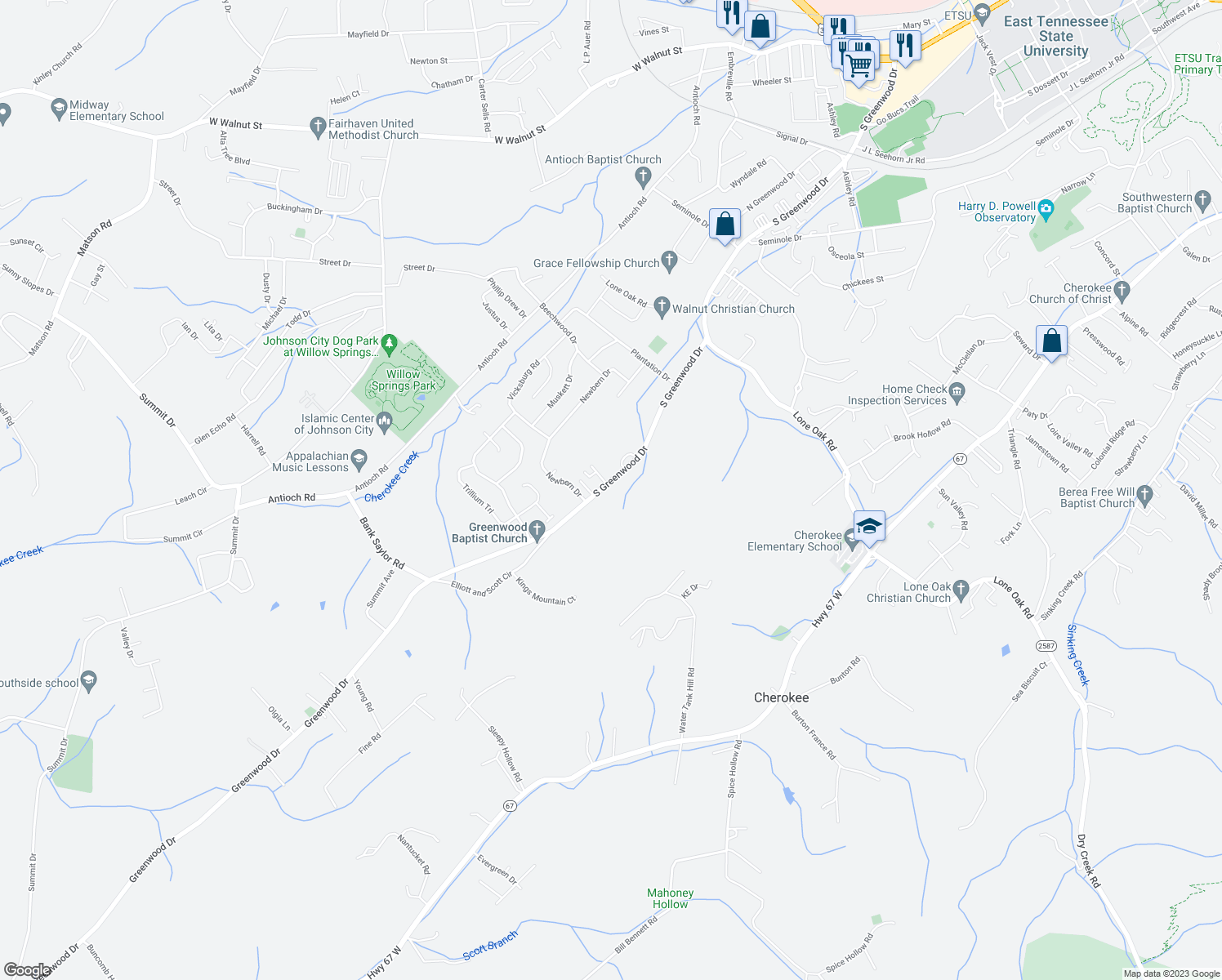 map of restaurants, bars, coffee shops, grocery stores, and more near 2913 South Greenwood Drive in Johnson City