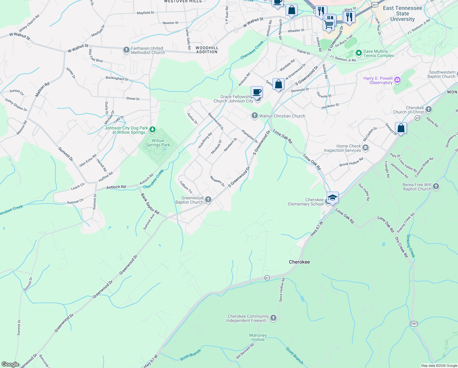 map of restaurants, bars, coffee shops, grocery stores, and more near 2913 South Greenwood Drive in Johnson City