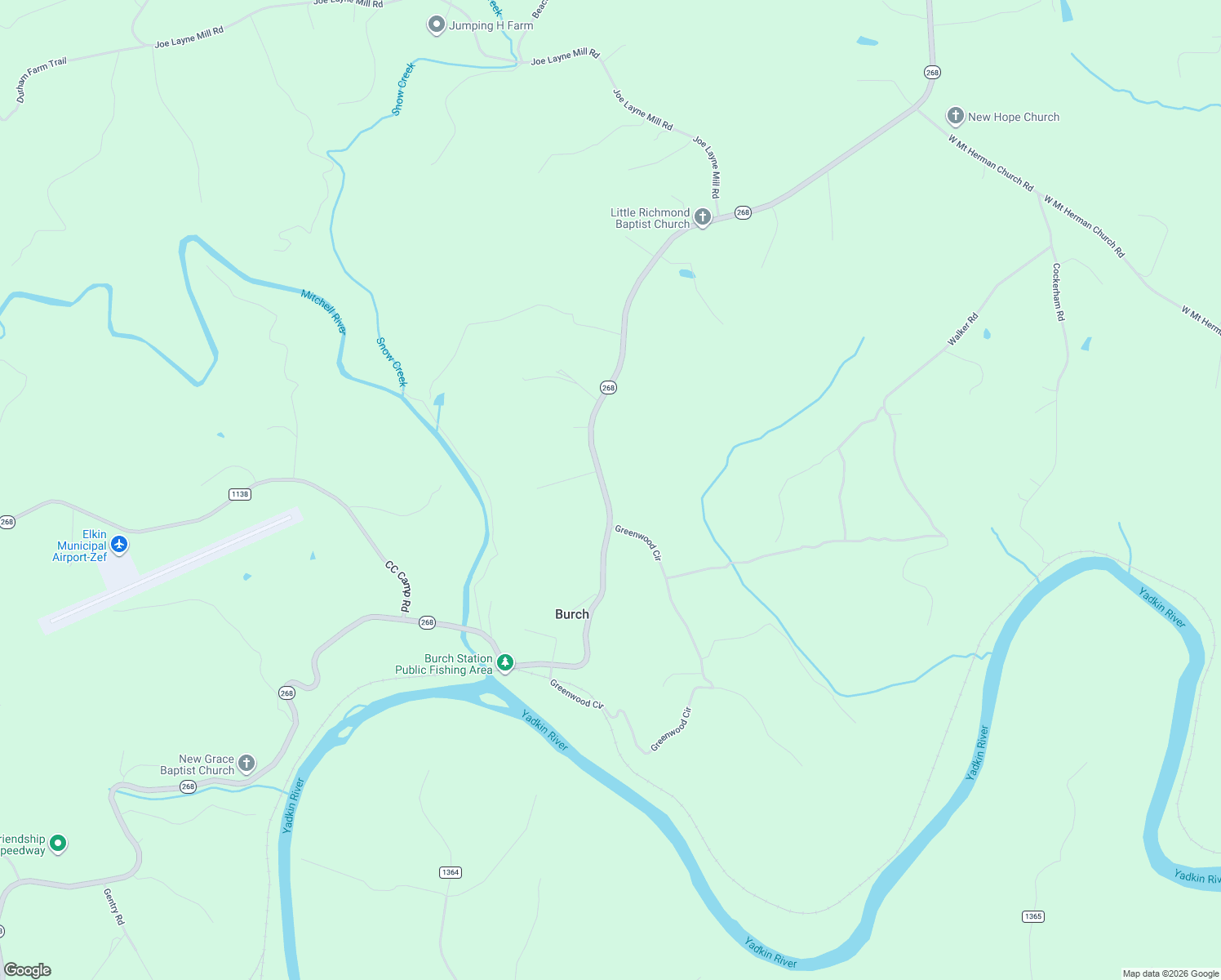 map of restaurants, bars, coffee shops, grocery stores, and more near 10061 North Carolina 268 in Elkin