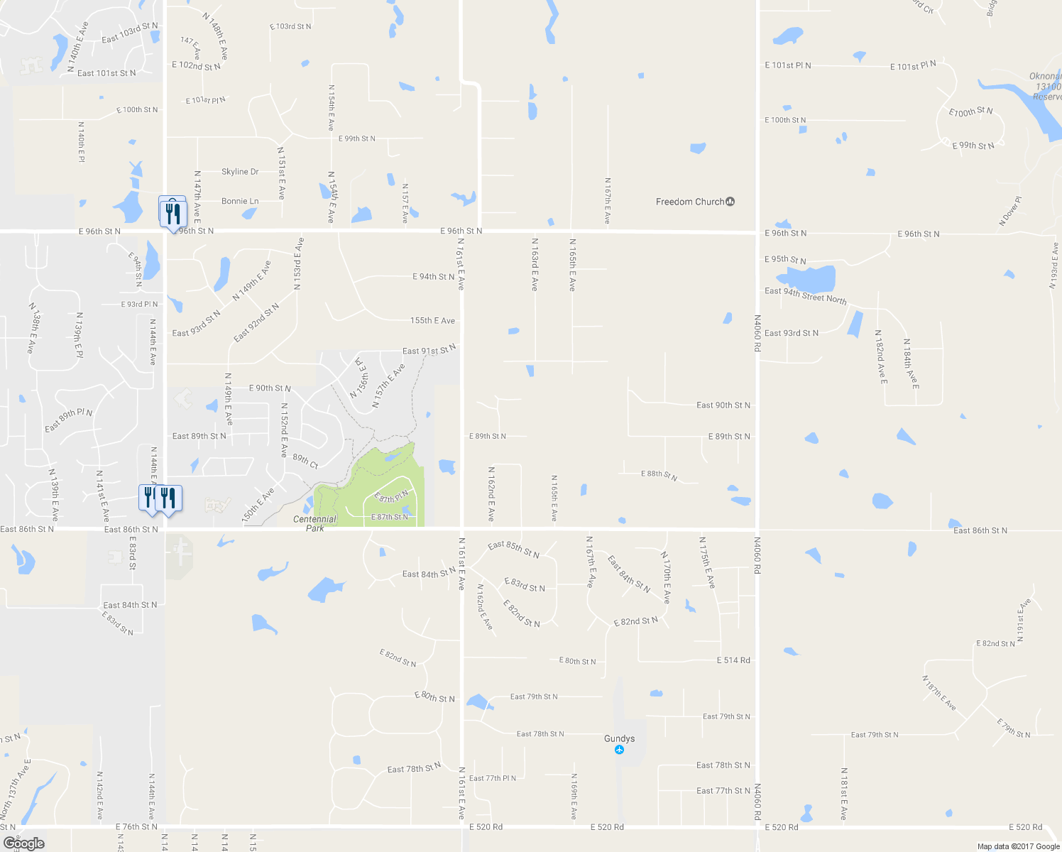 map of restaurants, bars, coffee shops, grocery stores, and more near 16411 East 89th Street North in Owasso