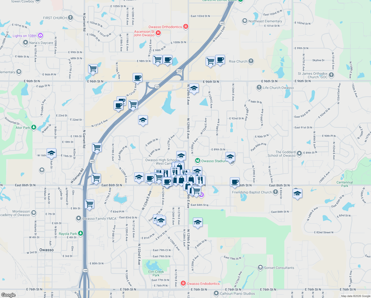 map of restaurants, bars, coffee shops, grocery stores, and more near 8821 North 128th East Avenue in Owasso