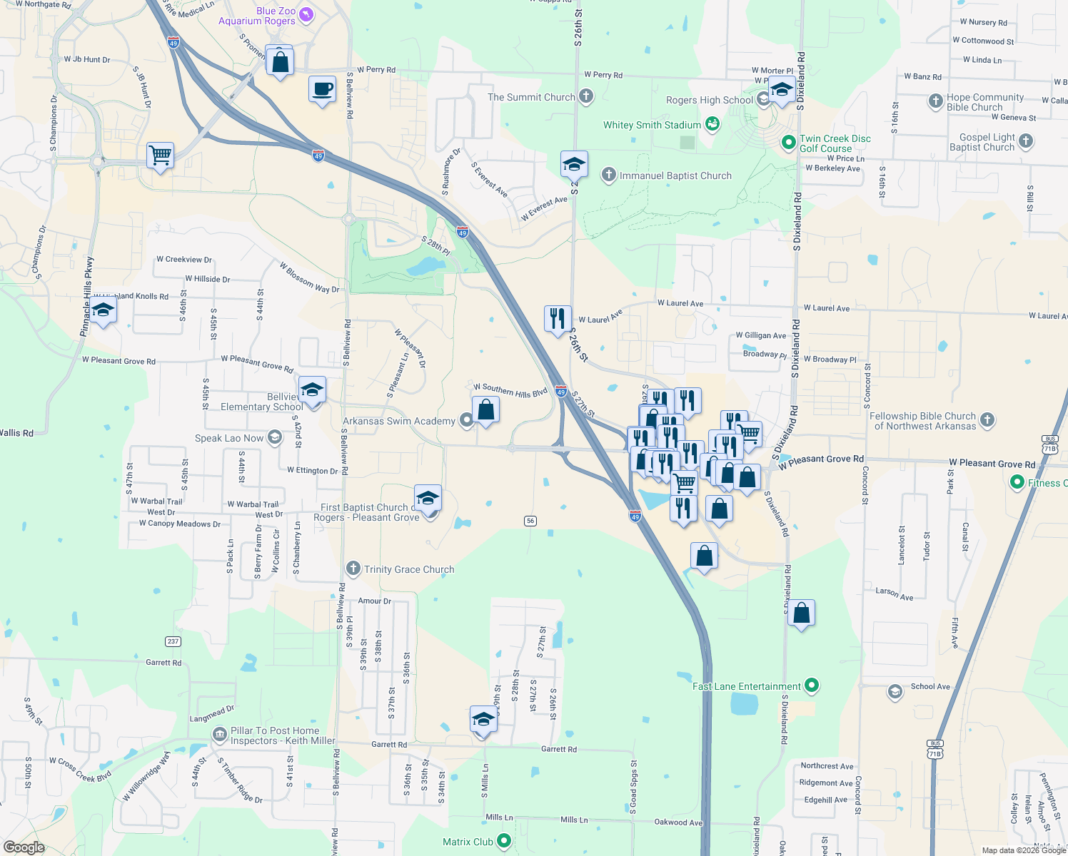 map of restaurants, bars, coffee shops, grocery stores, and more near 2821 West Pleasant Grove Road in Rogers