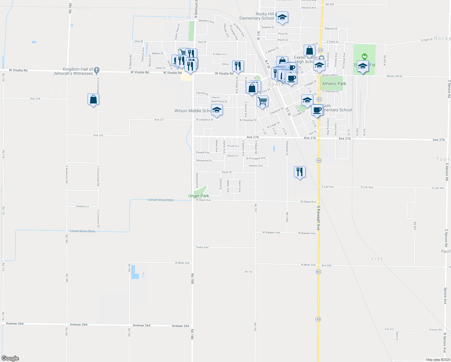 map of restaurants, bars, coffee shops, grocery stores, and more near 526 Miller Avenue in Exeter