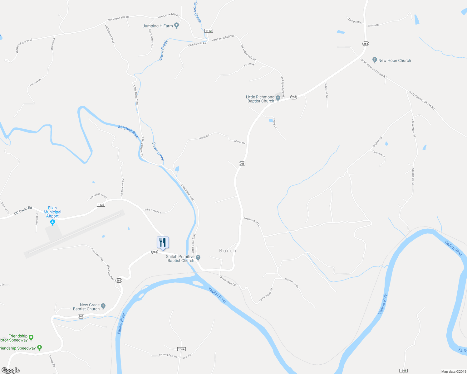 map of restaurants, bars, coffee shops, grocery stores, and more near 9992 North Carolina 268 in Elkin