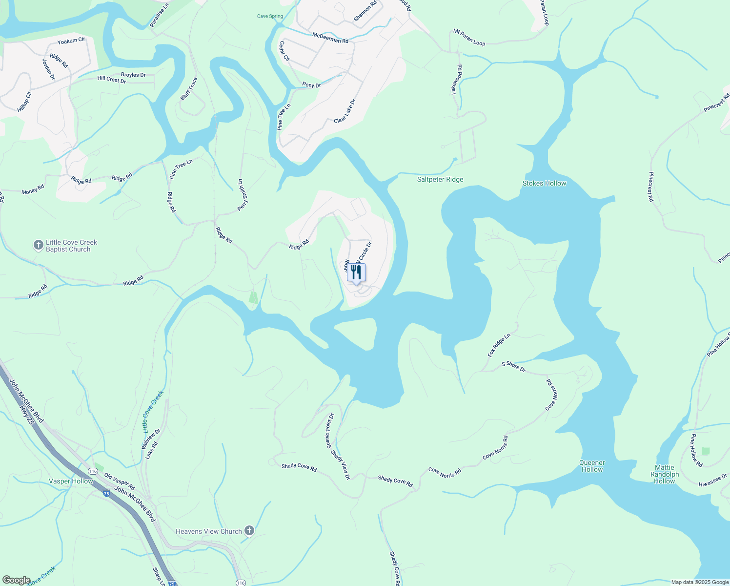 map of restaurants, bars, coffee shops, grocery stores, and more near 1835 Ridge Road in Caryville