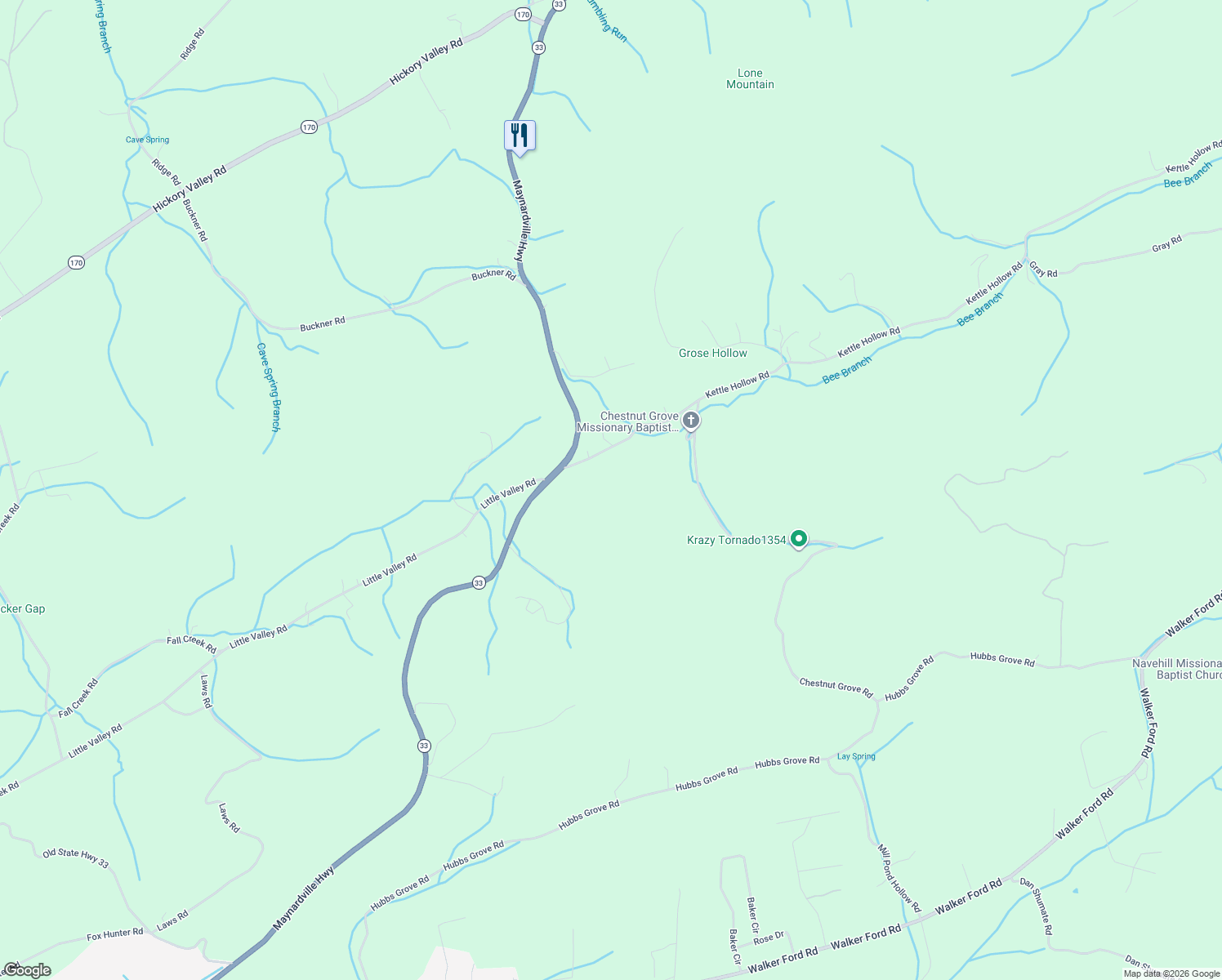 map of restaurants, bars, coffee shops, grocery stores, and more near 134 Kettle Hollow Road in Maynardville
