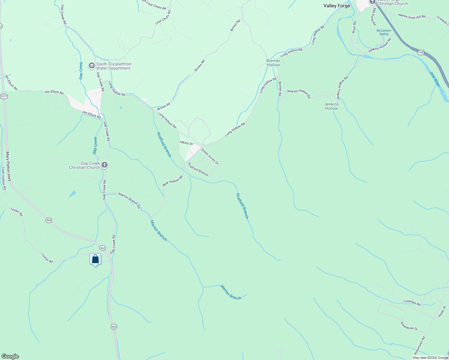 map of restaurants, bars, coffee shops, grocery stores, and more near 527 Peartree Lane in Elizabethton