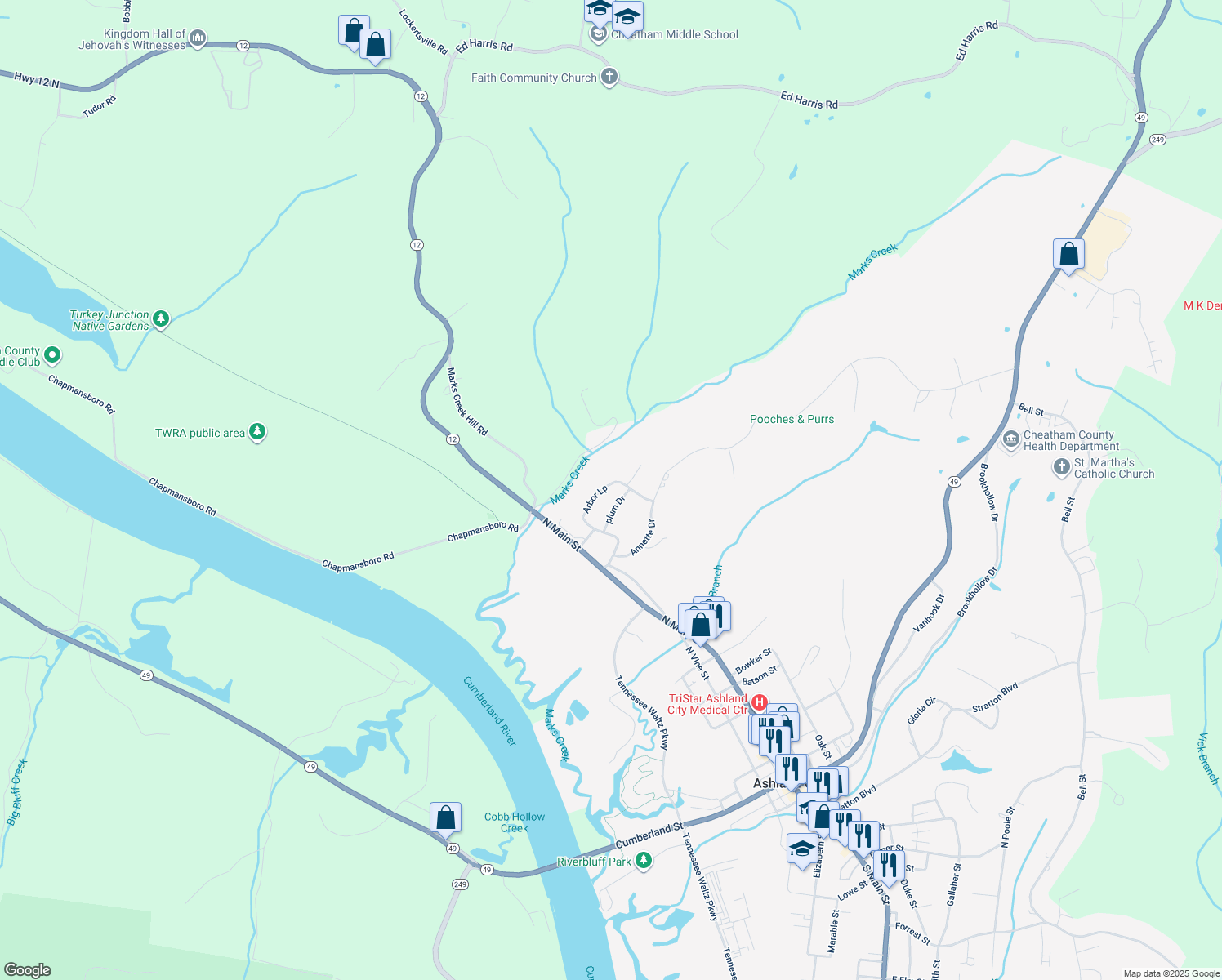 map of restaurants, bars, coffee shops, grocery stores, and more near 174 Arbor Loop in Ashland City