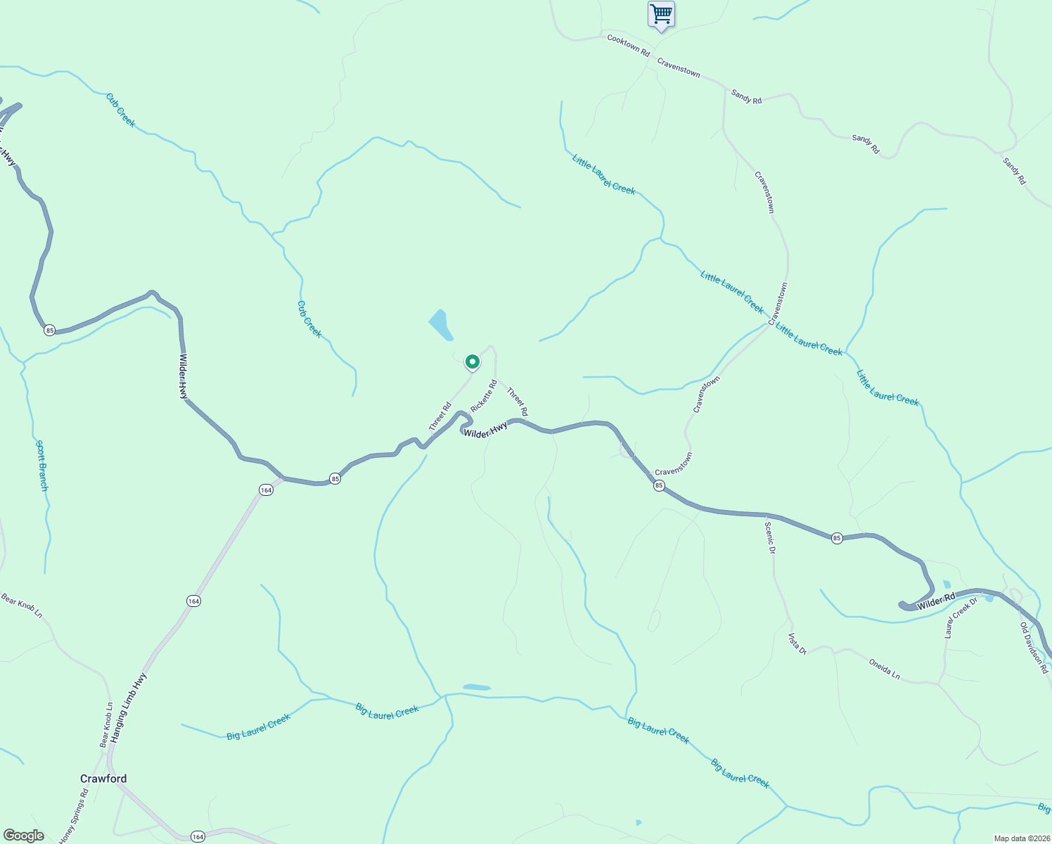 map of restaurants, bars, coffee shops, grocery stores, and more near 101 Threet Road in Crawford