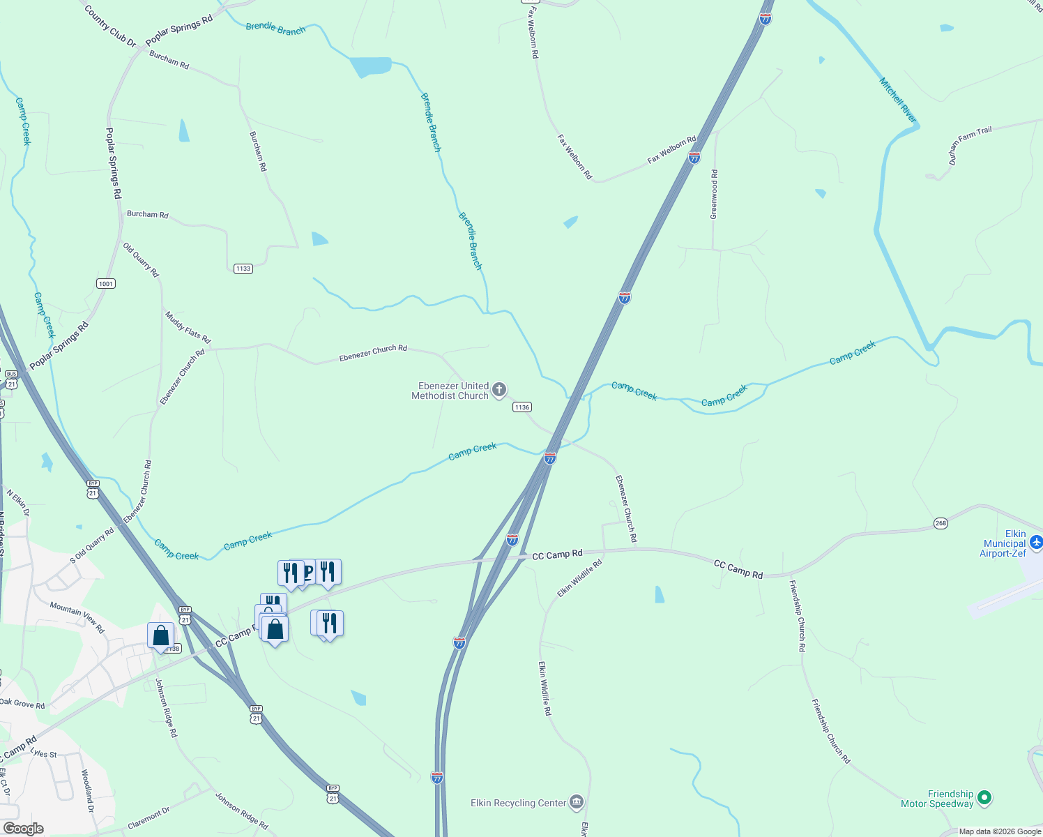 map of restaurants, bars, coffee shops, grocery stores, and more near 1020 Ebenezer Church Road in State Road