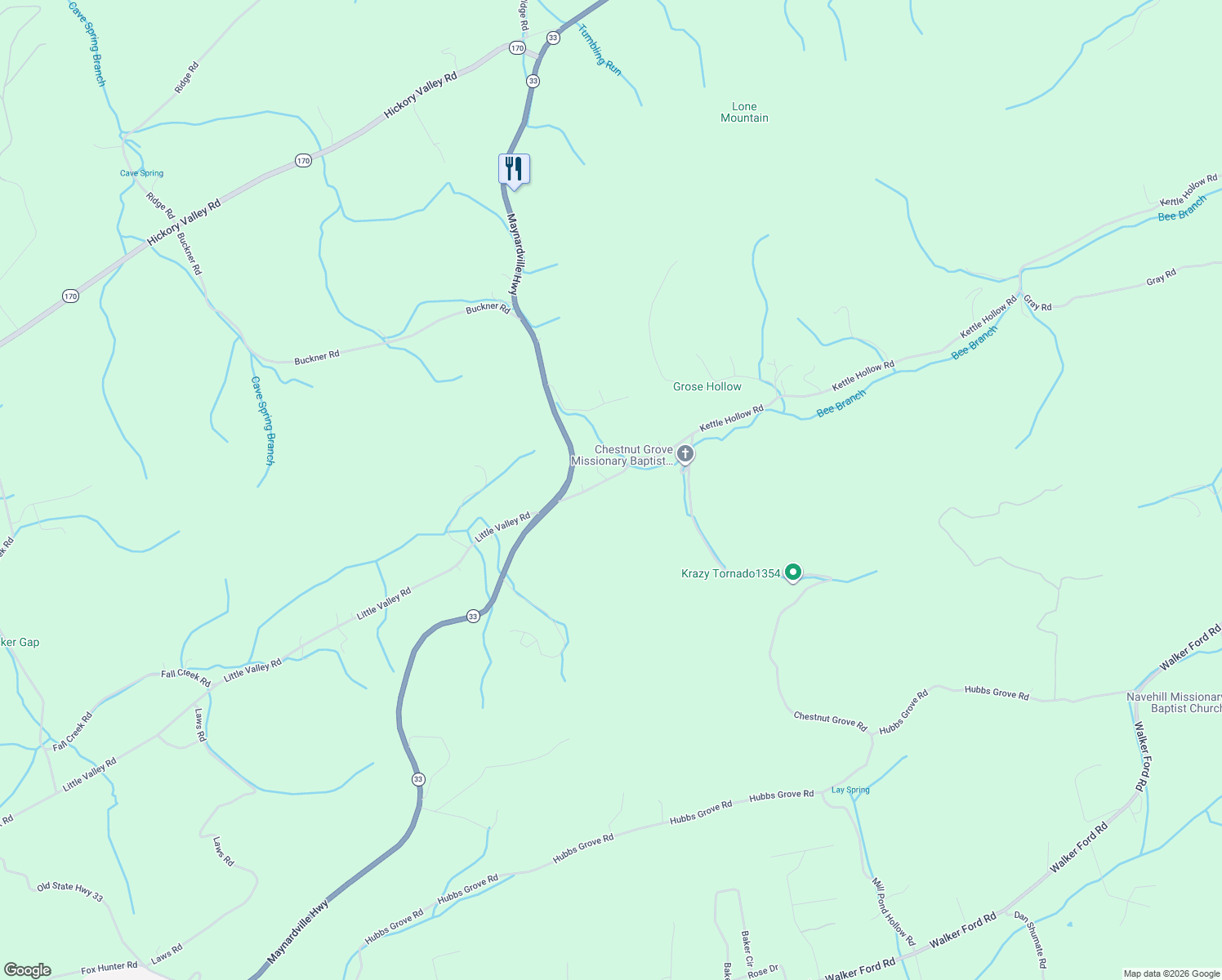 map of restaurants, bars, coffee shops, grocery stores, and more near 134 Kettle Hollow Road in Maynardville